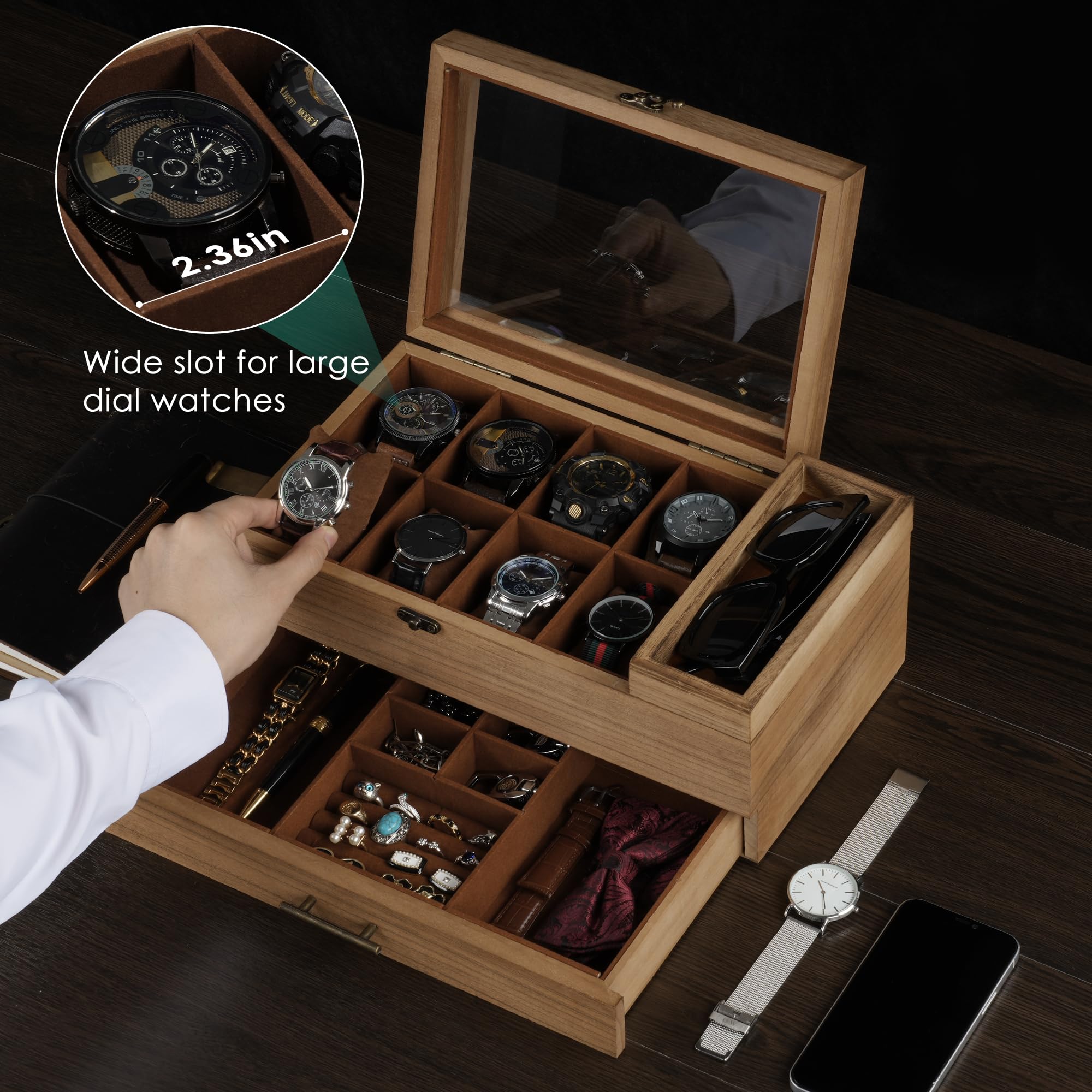 Premium 2-Tier Watch Box with Tray - 8-Slot Wooden Watch Display Case with Removable Pillows & Drawer - Luxury Watch Organizer for Large Dial Watches - Perfect Jewelry Storage Box for Men & Women - Ideal for Travel, Gift Giving & Watch Collection Display (Walnut)