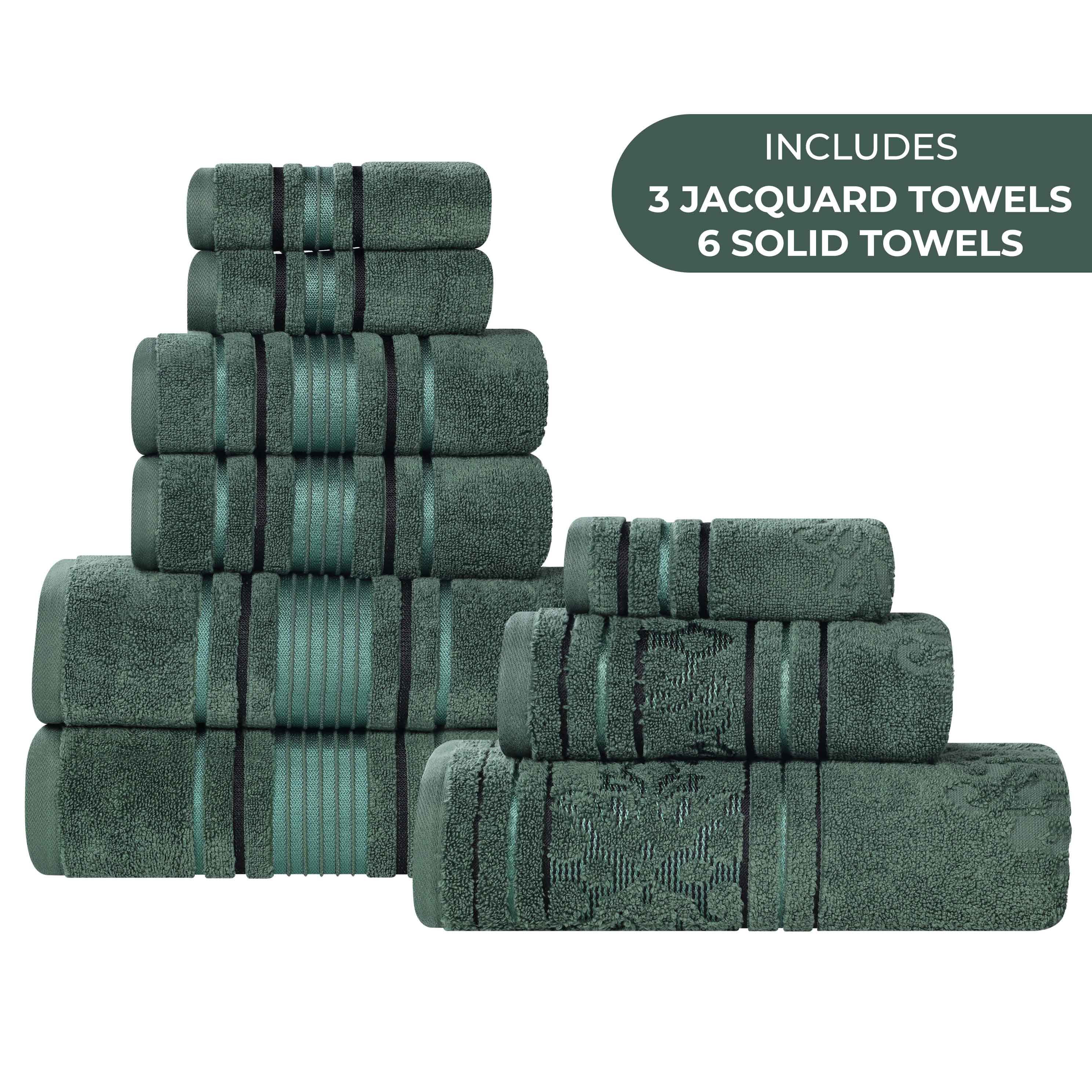 Premium 9-Piece Sadie Zero Twist Cotton Towel Set - Solid & Jacquard Floral Design | Ultra Soft & Absorbent Bath Towels, Hand Towels & Washcloths | Perfect for Spa, Bathroom & Luxury Home Decor