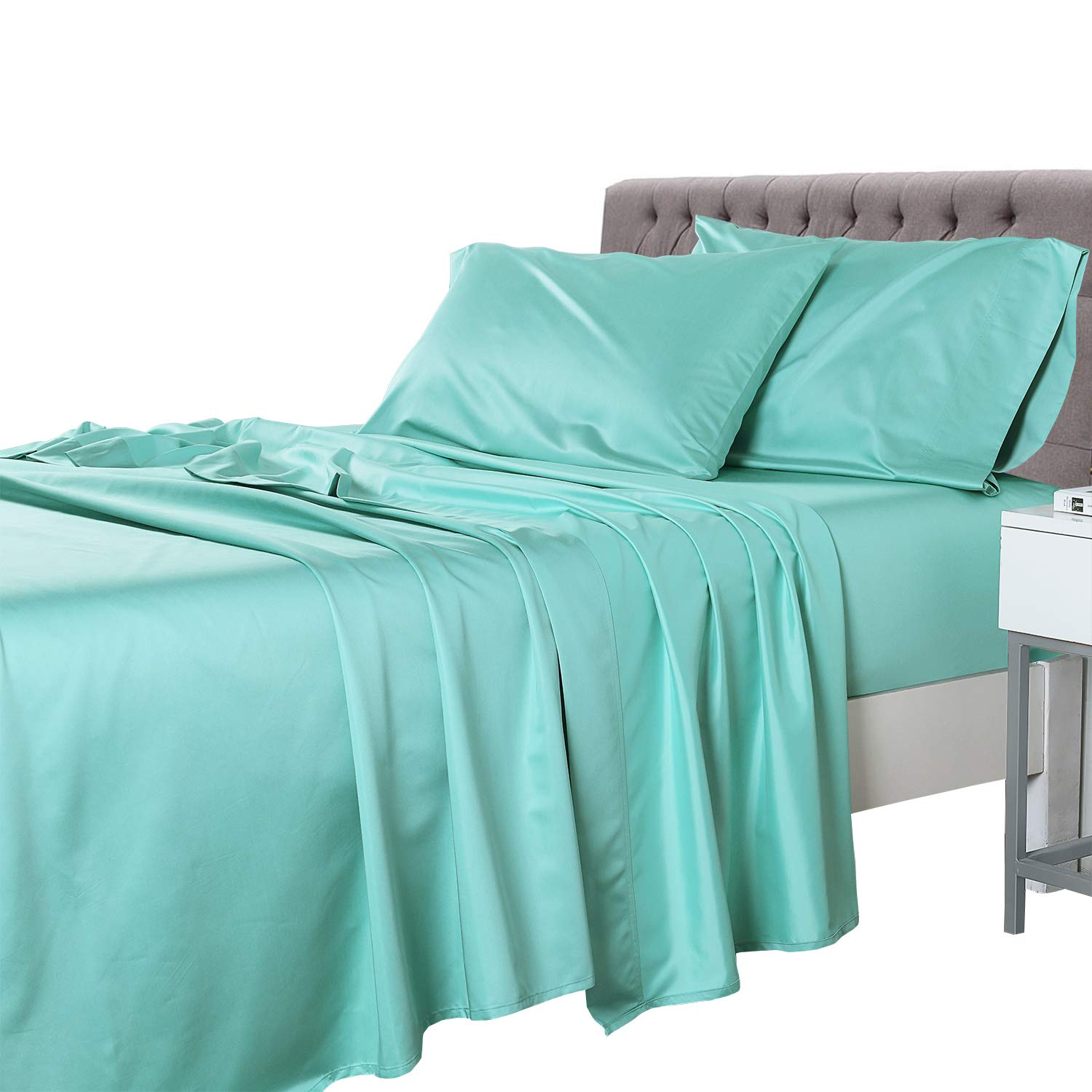 Royal Tradition Rayon from Bamboo-Coolplus Queen Size Sheet Set - 450TC Ultra Soft Cooling Bed Sheets for Hot Sleepers (Solid Aqua) - Perfect for Summer Nights & Temperature Regulation