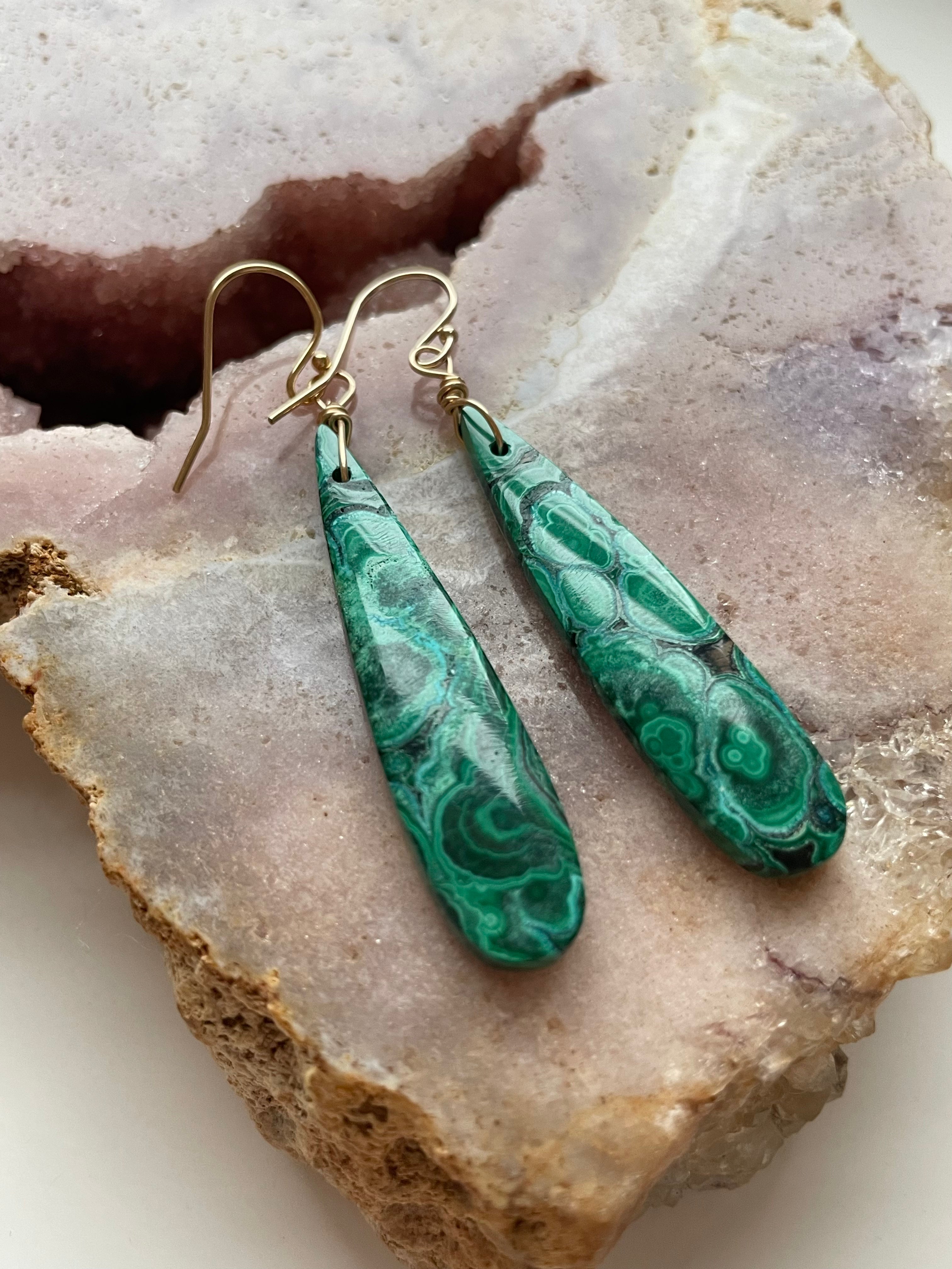 14kt Gold Filled Malachite Crystal Dangle Earrings for Women - Elegant Green Gemstone Jewelry for Parties, Weddings & Special Occasions