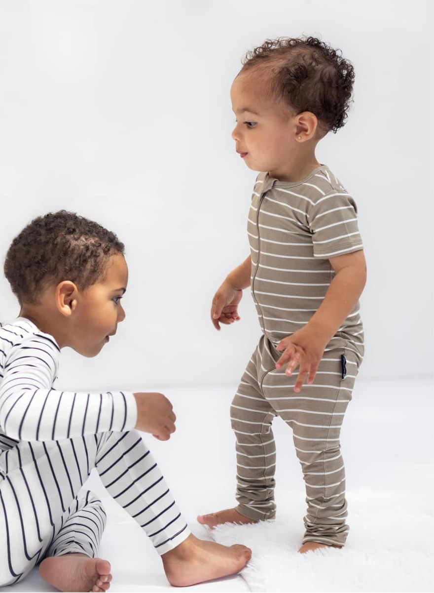 LB x Baby Breez Short Sleeve Pinstripe Romper Pajamas - Soft Cotton Sleepwear for Babies & Toddlers (Khaki Green/White) - Perfect for Nursery, Bedtime & Playtime