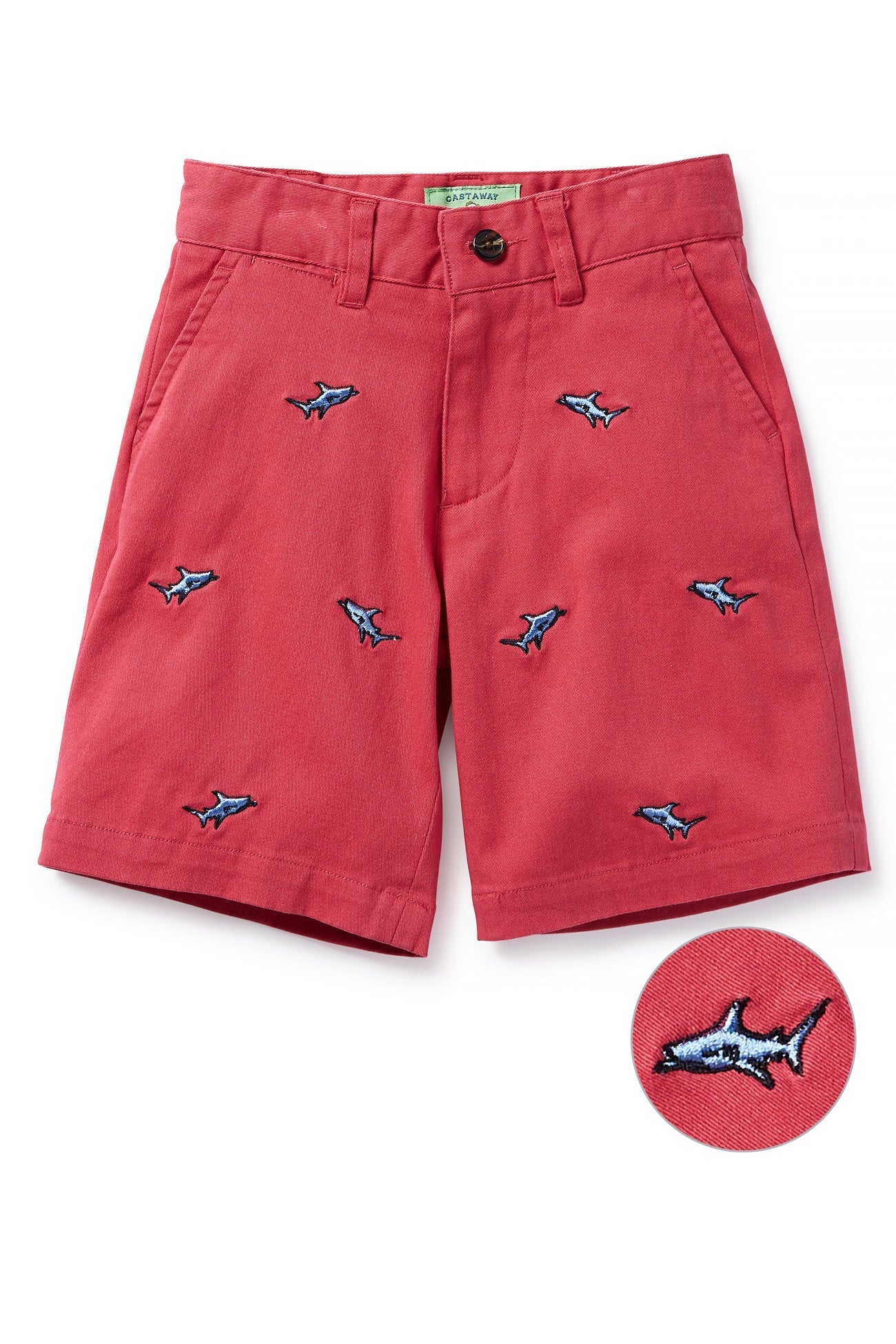 Jetties Short Stretch Twill Hurricane Red with Shark Print - Comfortable Casual Swim Shorts for Men, Beach Vacation & Summer Outdoor Activities