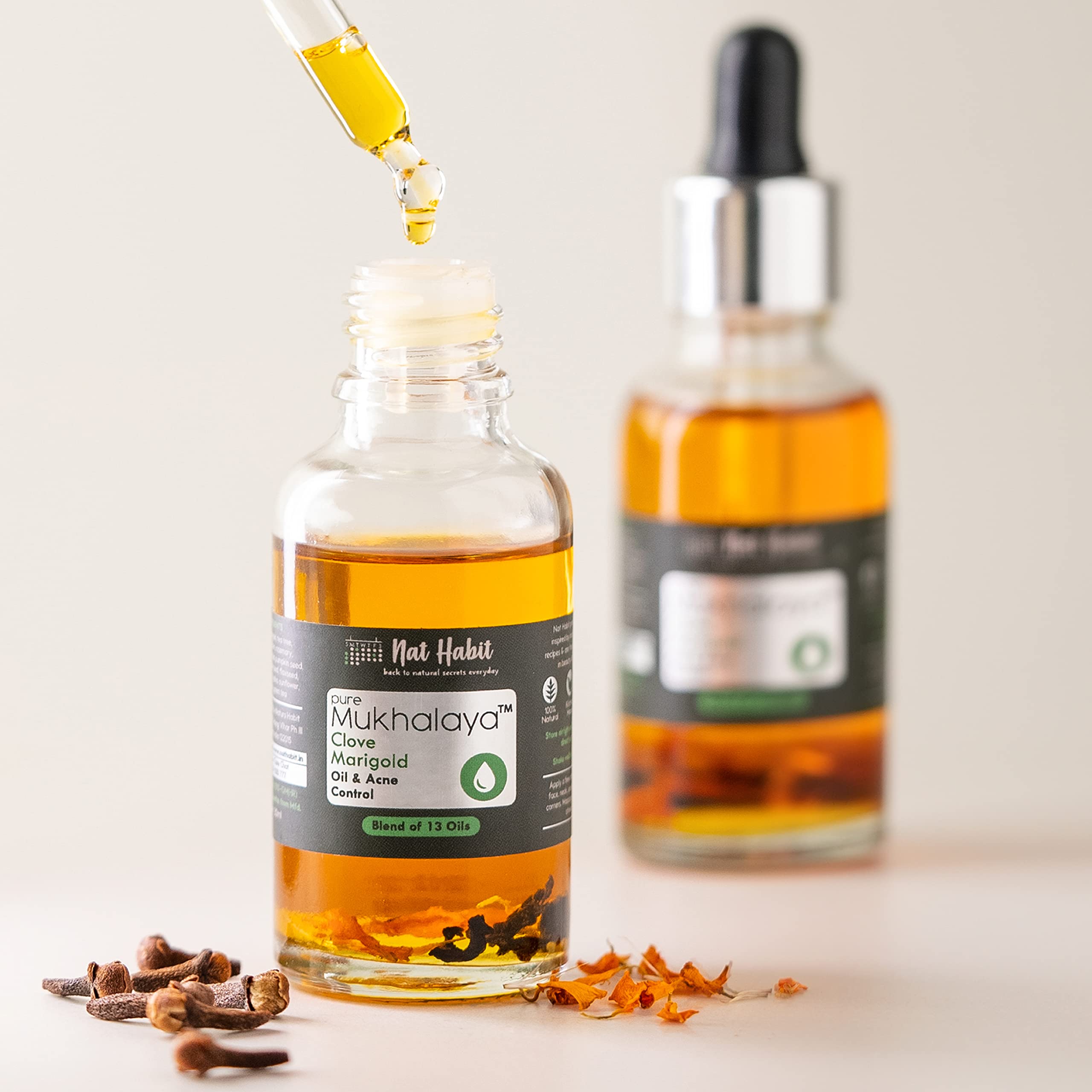 Nat Habit Clove Marigold Face Oil for Acne-Prone Skin - 100% Natural Cold Pressed Oil Blend with 13 Botanicals to Control Breakouts & Balance Sebum - 15ml Mukhalaya Oil for Women - Perfect for Daily Skincare Routine & Overnight Treatment