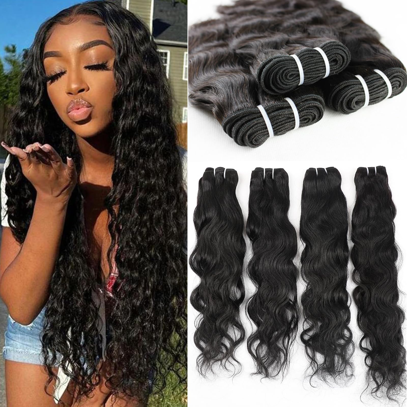 100% Unprocessed Brazilian Virgin Natural Wave Human Hair Bundles 18 20 22 24 Inch - 4 Bundles for Weaving, Extensions & Styling - Perfect for Salon, Wedding & Everyday Wear