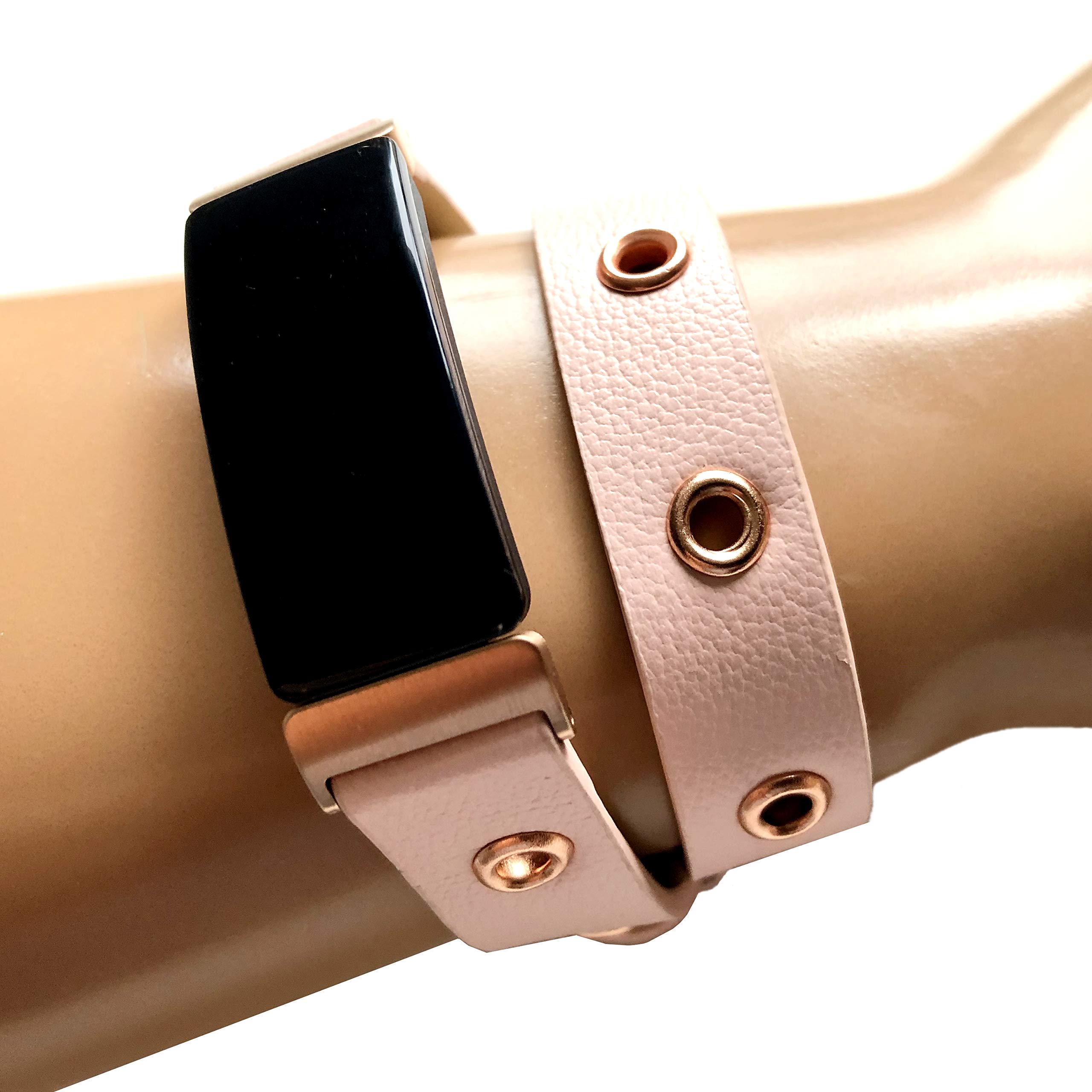 Pink Double Wrap Leather Band with Grommets for Fitbit Inspire & Inspire HR - Twice Around Wrist Strap (Includes 2 Black Buckle Adapters) - Perfect for Workouts, Running & Daily Activity Tracking