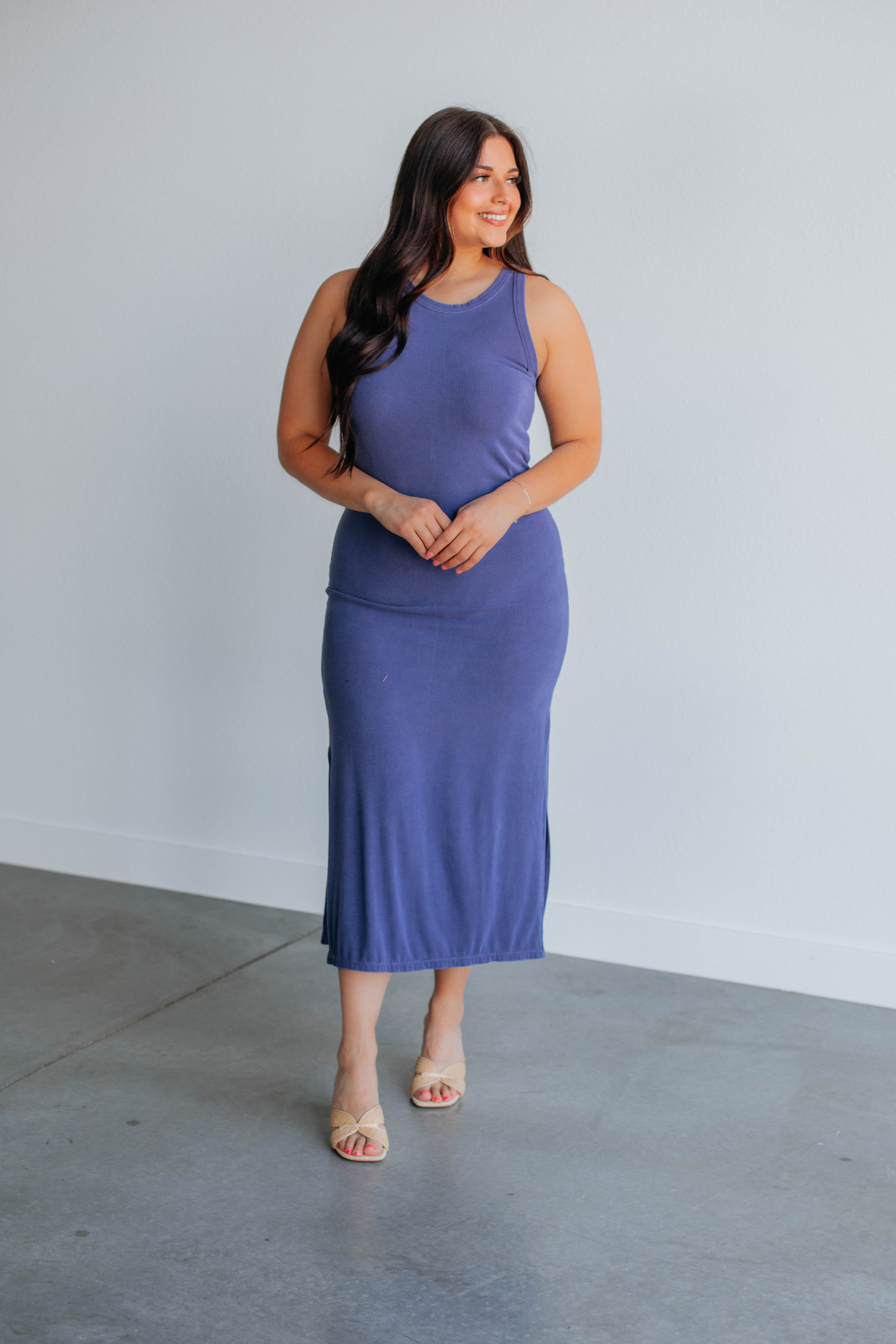 Edeny Ribbed Knit Dress for Women - Steel Blue Slim Fit Stretchy Bodycon Midi Dress for Casual, Party & Date Night