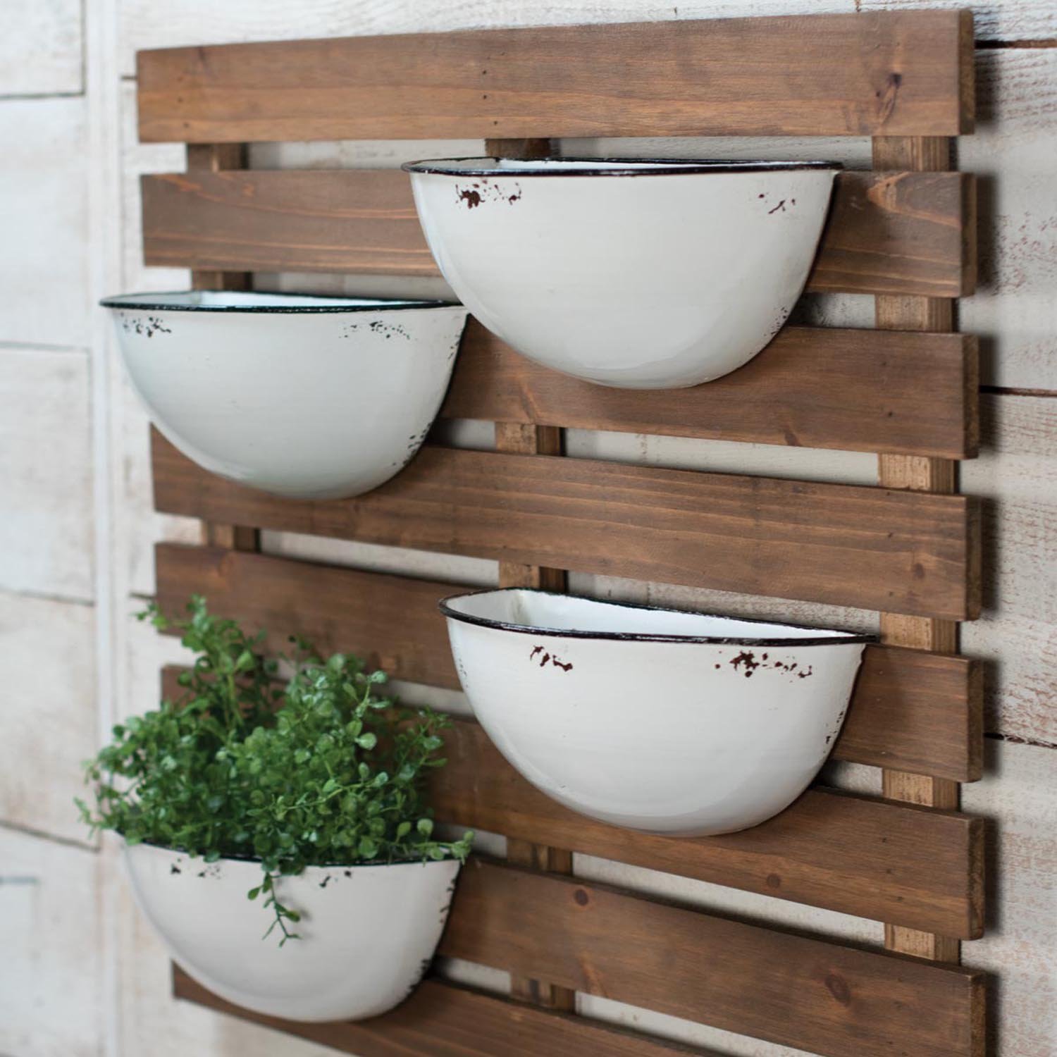 Rustic Slat Wood Wall Planter with 4 Distressed White Enamel Pots - Indoor/Outdoor Hanging Flower Box for Home Garden, Patio, Balcony Decor - Perfect for Herbs, Succulents and Small Plants