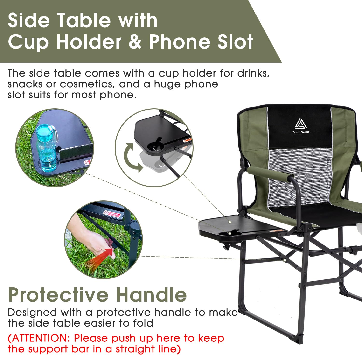 YOUGYM Wide Folding Director Chair with Side Table - 2 Pack Heavy Duty Camping Chairs for Adults (330 lbs Capacity) - Portable Outdoor Chairs with Cup Holder & Carry Bag - Perfect for Patio, Beach, Picnic & Backyard Relaxation - Green