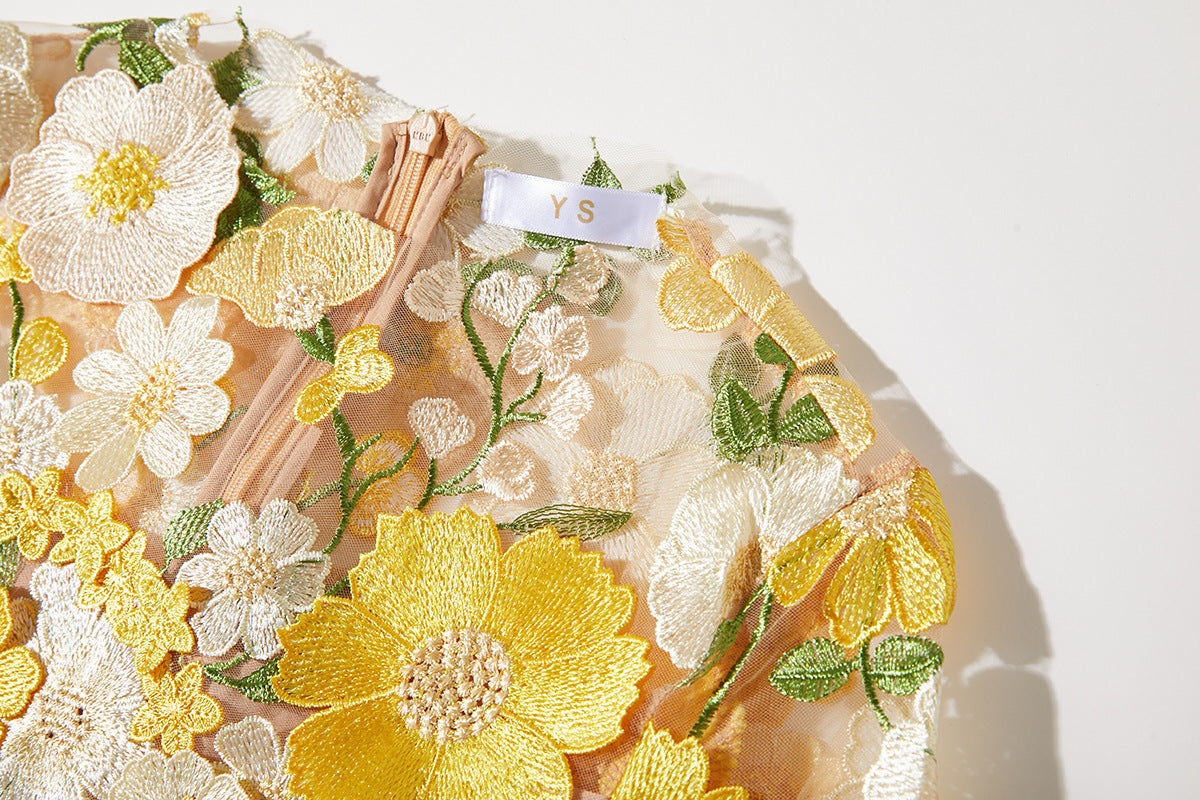 Carol Yellow Floral Embroidered Mesh Long Sleeve Midi Dress - Perfect for Spring Weddings, Garden Parties & Boho Chic Outfits