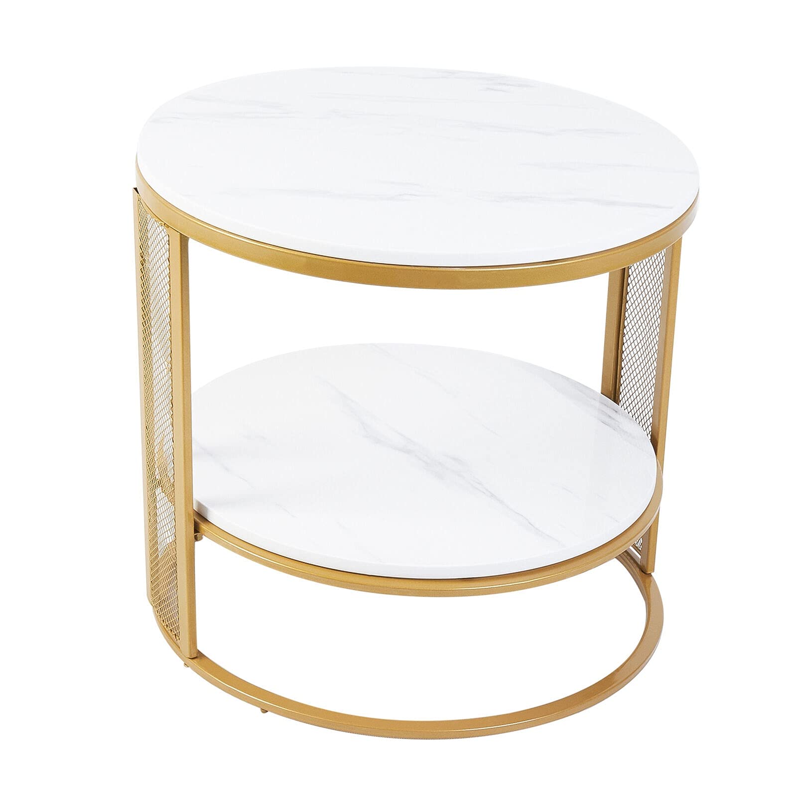 2-Tier Round Side Table with Marble Effect Top & Metal Frame - End Table with Storage for Living Room, Bedroom, or Office - Modern Coffee Table for Small Spaces