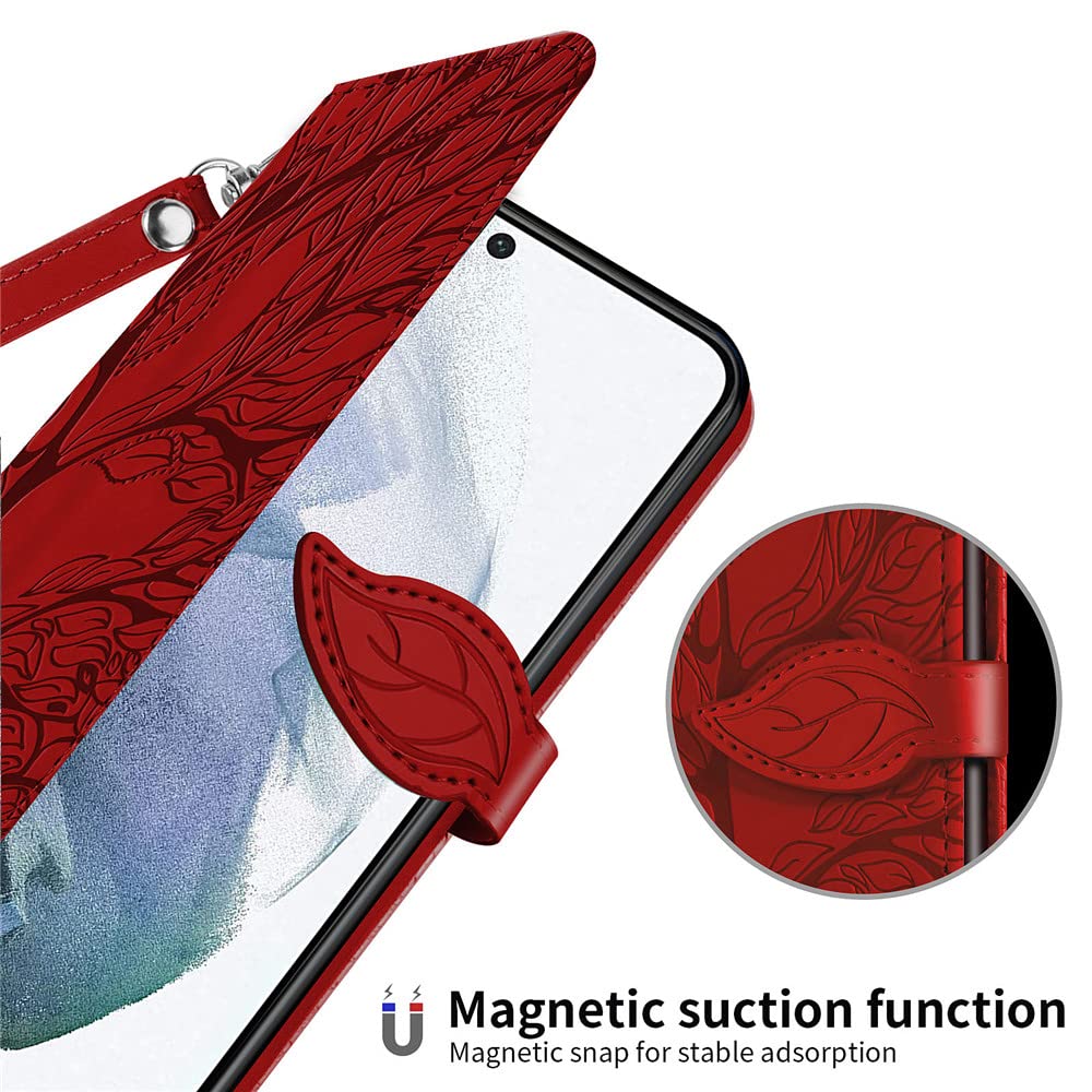 Premium PU Leather Samsung Galaxy S22 Case with Kickstand & Card Slots - Embossed Tree Design, Wrist Strap Included - 6.1 inch Protective Wallet Cover for Samsung S22 (Red) - Perfect for Work, Travel & Everyday Use