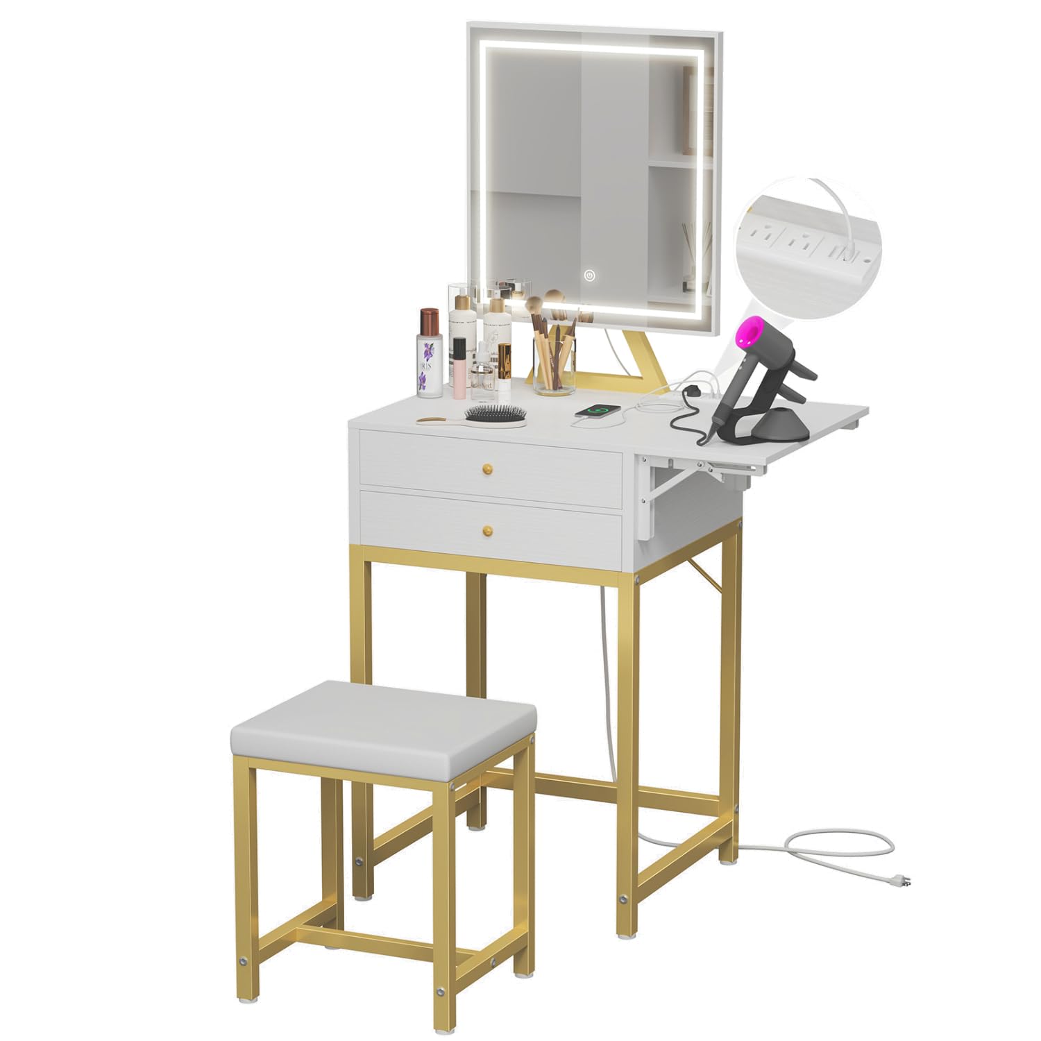 Small Makeup Vanity Desk with LED Lights - White Vanity Set with Mirror & Stool, Compact Dressing Table with Storage Drawers & USB Outlet for Bedroom, Apartment - Perfect for Beauty Routine, Makeup Application & Small Space Organization (Gold Trim)