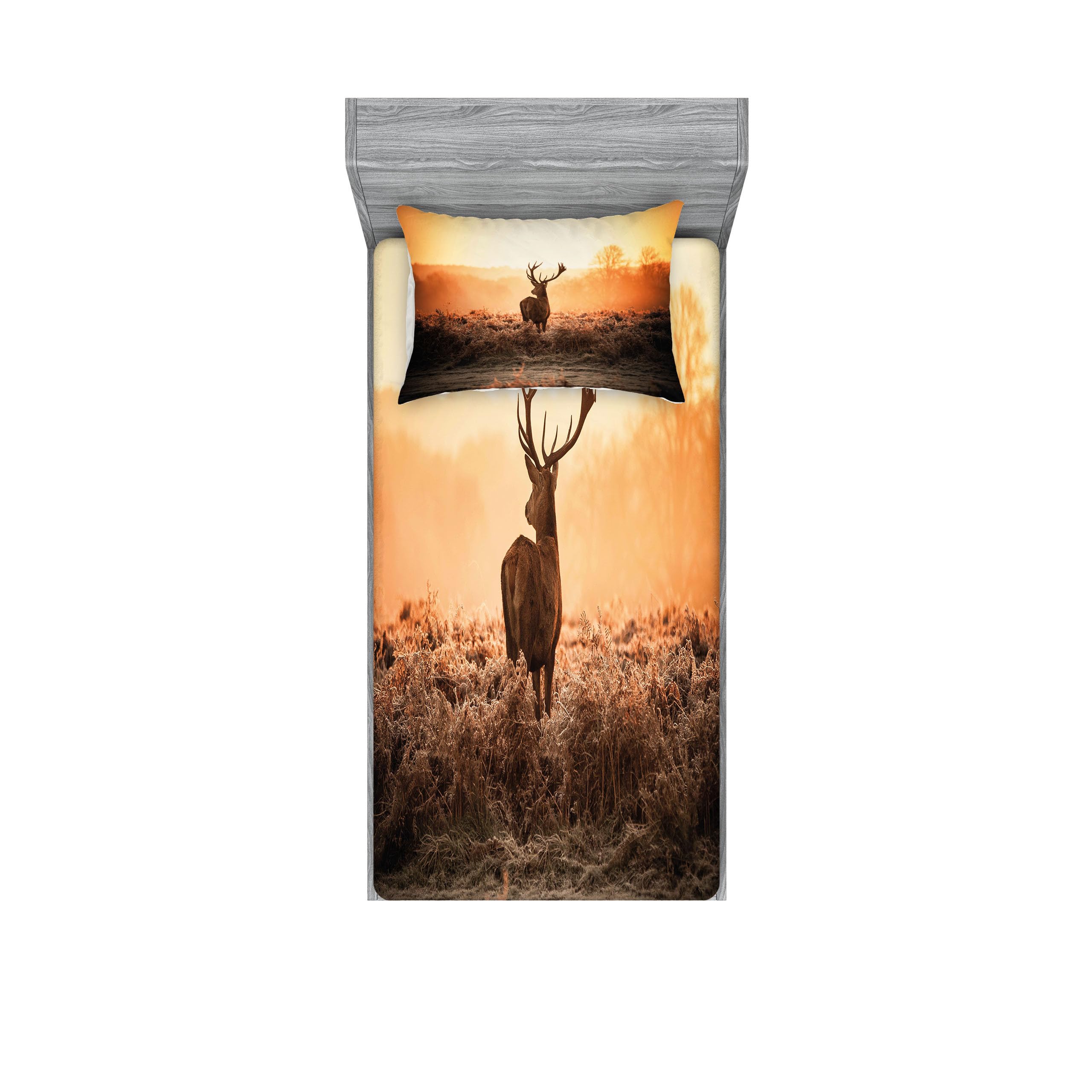 Ambesonne Hunting Themed Fitted Sheet & Pillow Sham Set - Red Deer in Morning Sun Wilderness Nature Scenery, Countryside Rural Heathers Printed 2-Piece Twin Bedding Set (Brown/Orange) - Perfect for Cabin, Lodge, or Rustic Home Decor