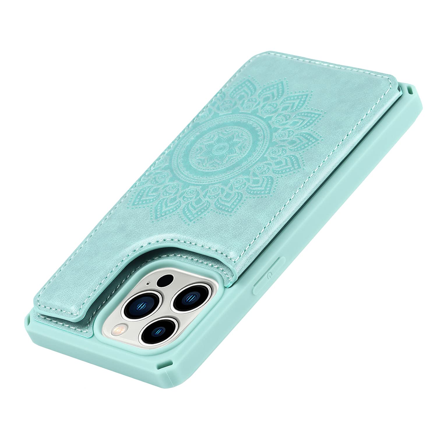 Premium RFID Blocking PU Leather Wallet Case for iPhone 13 Pro - Mandala Mint with Card Slots, Kickstand & Wrist Strap | Shockproof Magnetic Cover for Everyday Protection & Convenience | Perfect for Travel, Work & Hands-Free Viewing