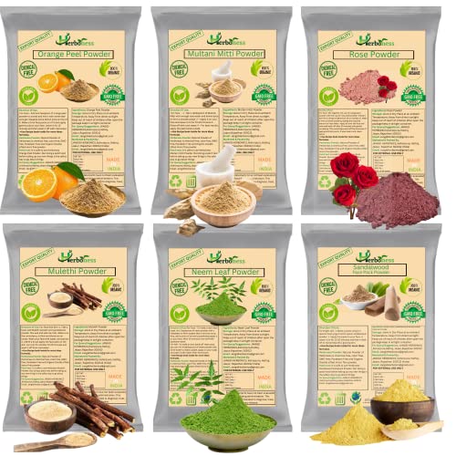 Organic Herboness Face & Skin Care Powder Set - Orange Peel, Sandalwood, Neem, Multani Mitti, Rose Petal & Mulethi (50g Each) | Natural Glow Boost, Acne Treatment & Skin Brightening for DIY Masks & Spa Days