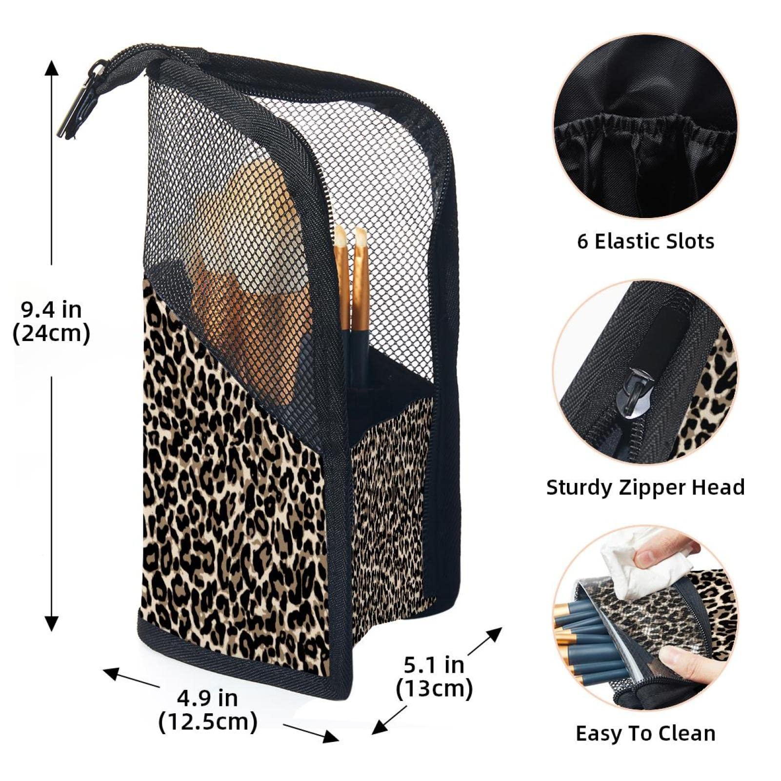 Premium 12-Piece Makeup Brush Organizer Bag with Leopard Print - Portable Cosmetic Brush Holder Case for Travel, Home Vanity & Professional Makeup Artists