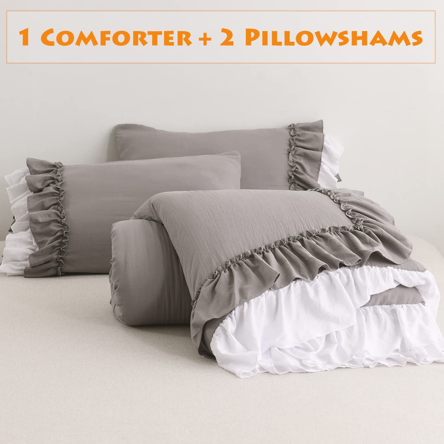 Masaca Ruffle Queen Comforter Set - Grey White Shabby Chic Boho Farmhouse Bedding with 1 Comforter & 2 Pillowcases for Cozy Bedroom Decor | Perfect for Guest Rooms, Master Bedrooms & Airbnb Stays
