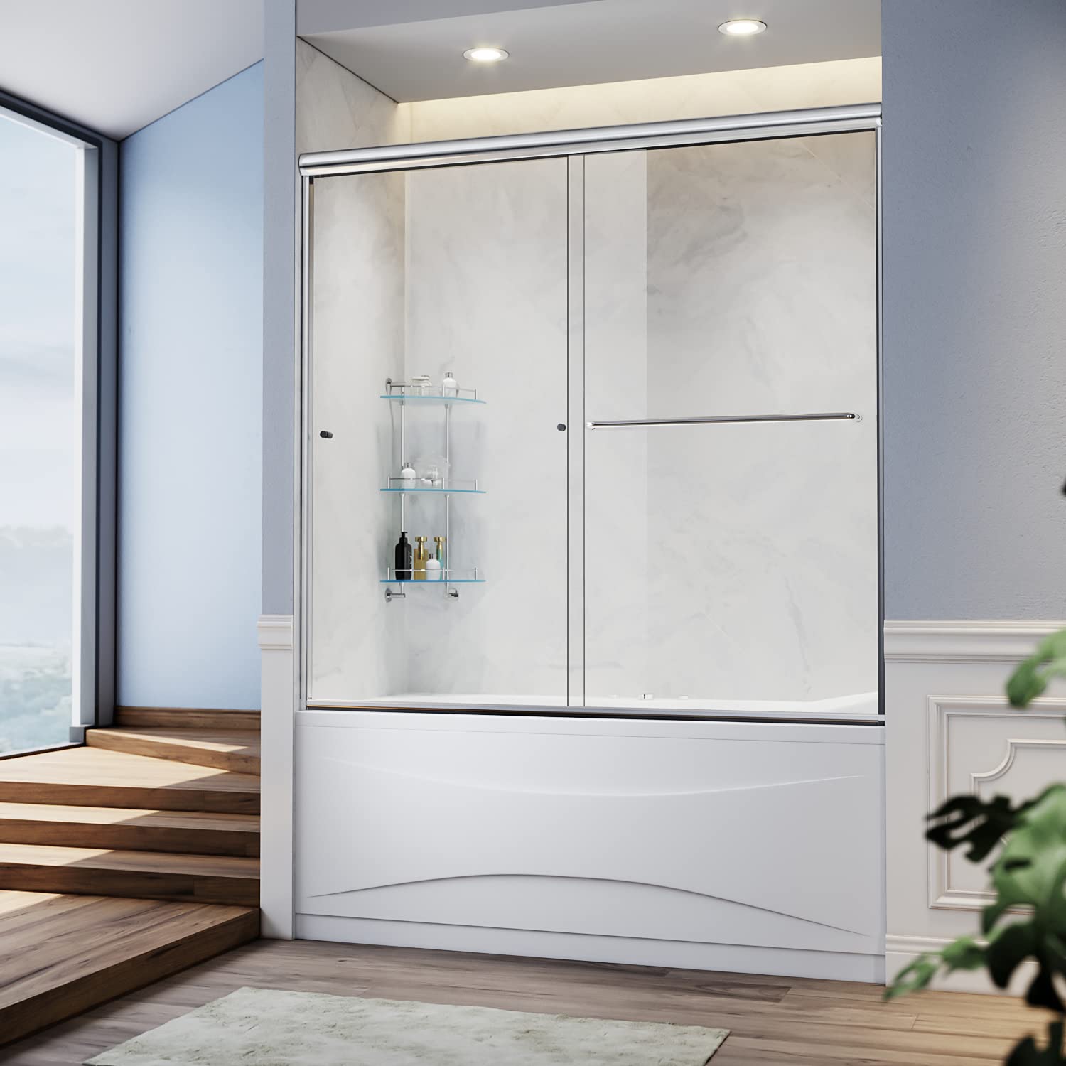 **SUNNY SHOWER 58.5-60 Inch Sliding Glass Shower Door for Bathtub - 57 3/8 Inch Height, 1/4 Inch Clear Glass, Chrome Finish - Perfect for Modern Bathroom Enclosures & Spa-Like Showers**