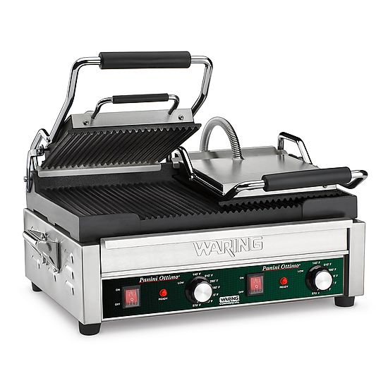 Waring WPG300 Supremo® 17 x 19.25 Inch Commercial Double Panini Press Grill with Non-Stick Grooved Plates - 240V for Restaurants, Cafes & Catering Services