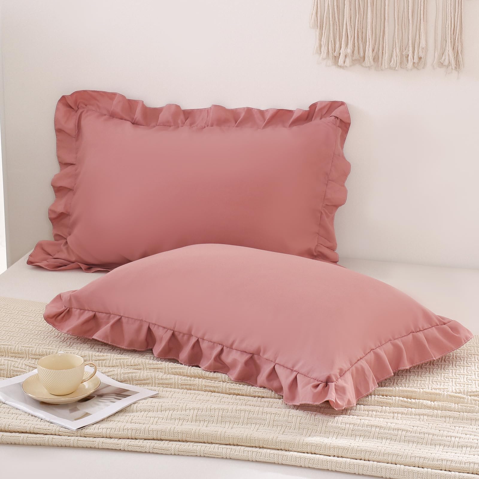 Pink Mocha Pillow Shams - Soft Ruffled Standard Pillowcase Set of 2 (Queen 20x30 Inches) - Shabby Chic Bedding, Solid Pink Pillow Covers for Cozy Bedroom Decor & Guest Room Styling