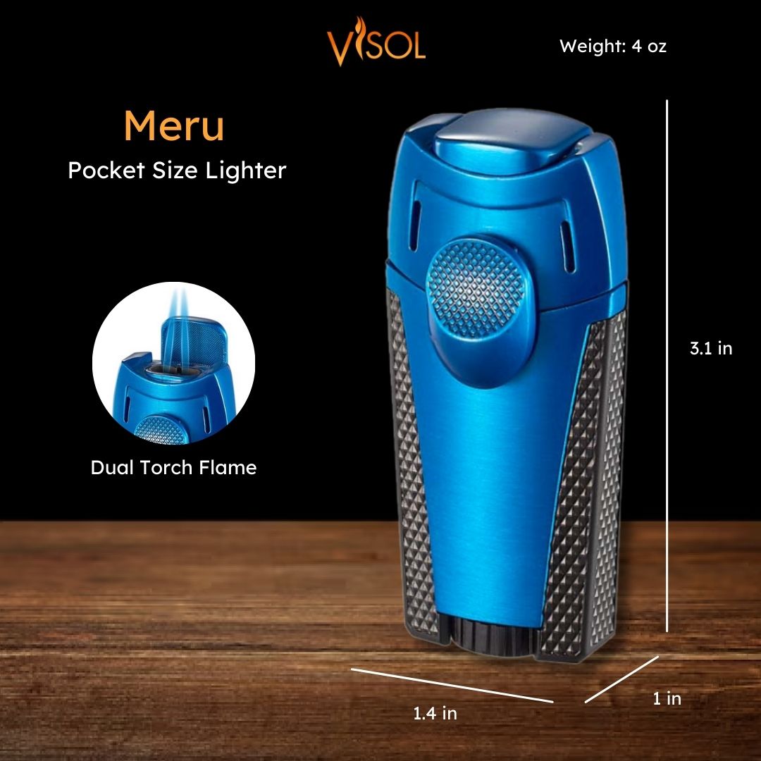Visol Meru Dual Torch Cigar Lighter - Windproof Butane Lighter for Cigars & Cigarettes - Premium Blue Finish - Perfect for Outdoor Smoking, Travel & Gifting