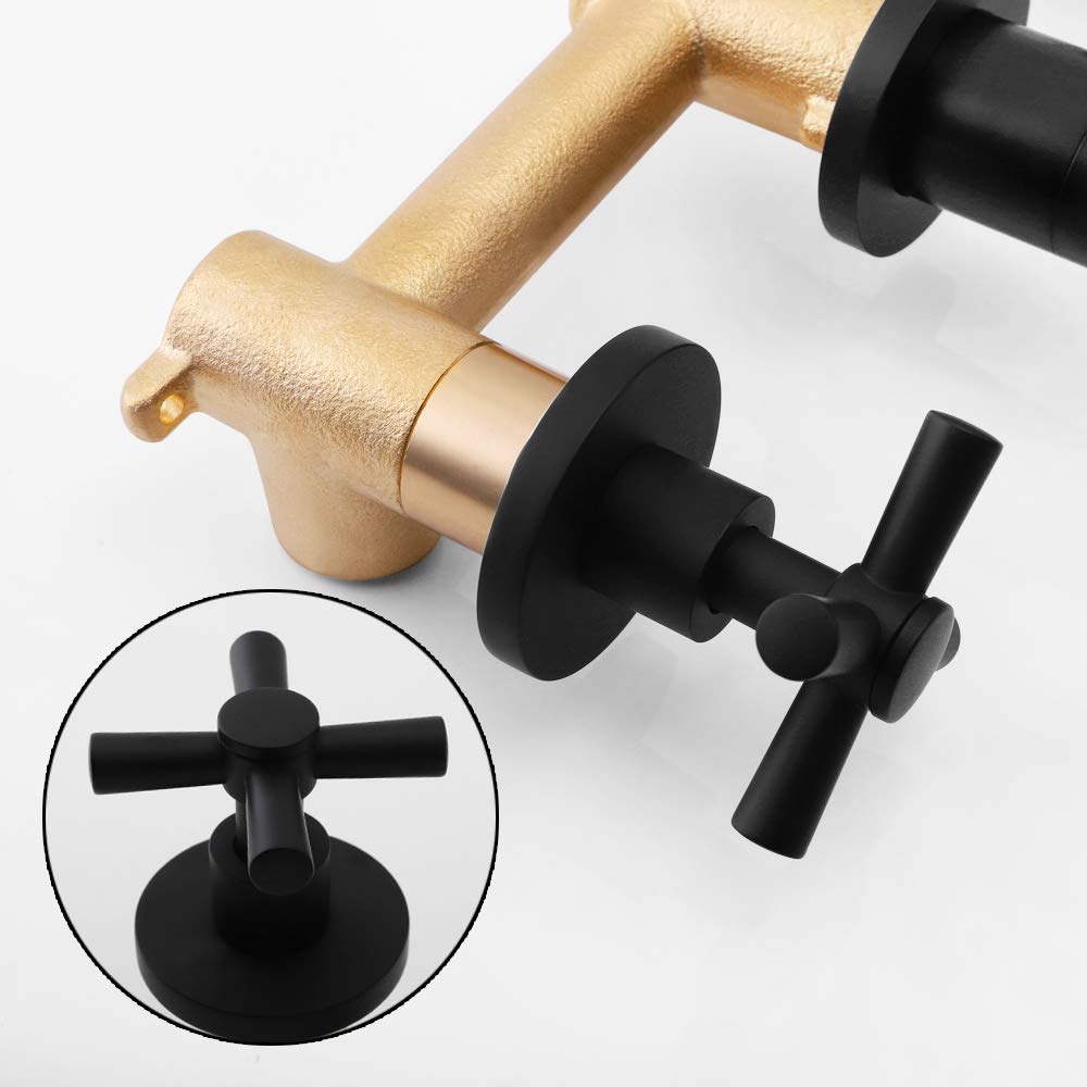 Copper Cross Handle Wall Mount Bathroom Sink Faucet - Matte Black Mixer Tap with Casting Faucet Valve (Model DR-4831B) for Modern Bathroom, Powder Room, and Guest Bath Decor