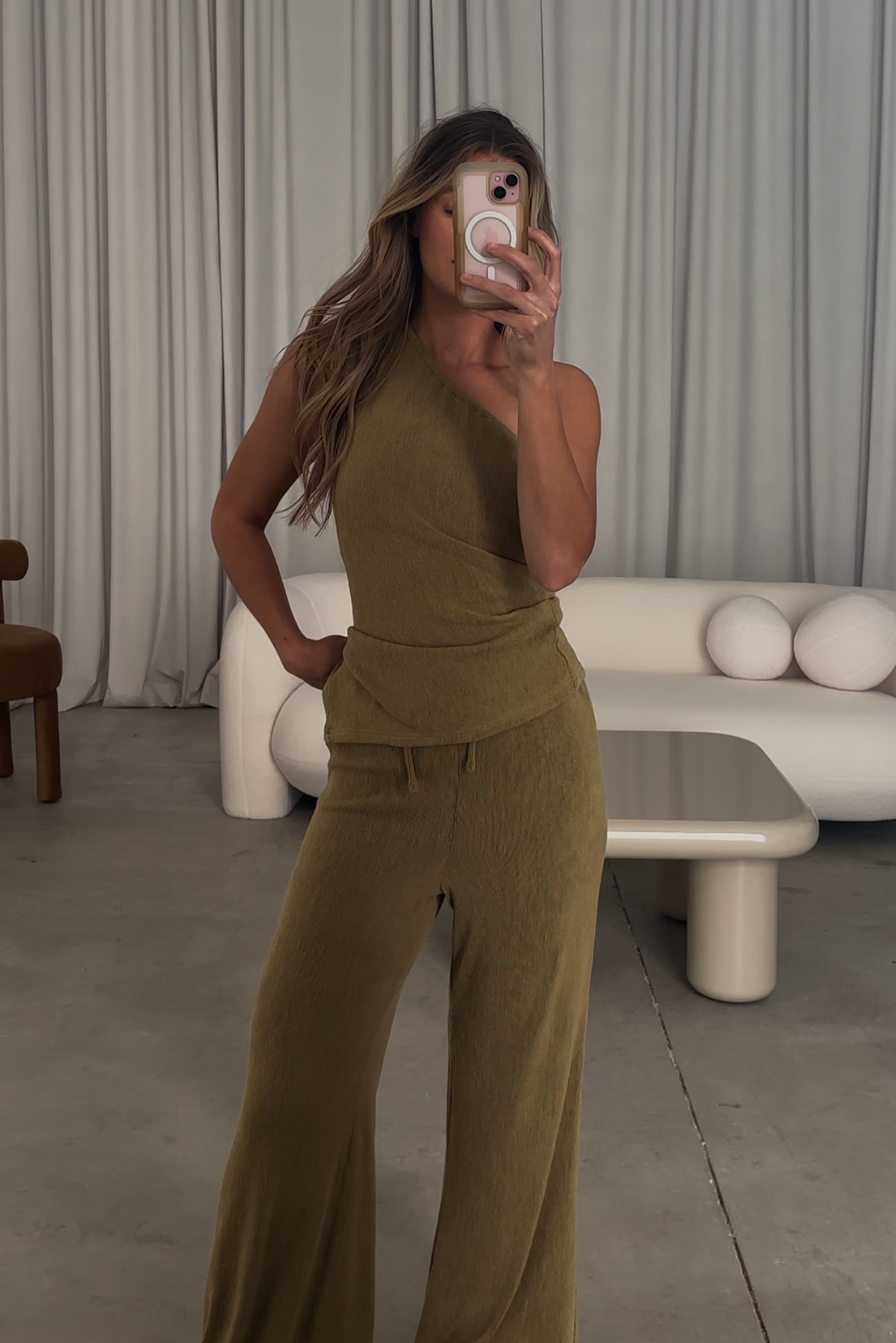 Ashley Asymmetrical One Shoulder Top and Pants Set - Olive Green Women's Fashion Outfit for Party, Date Night & Special Occasions