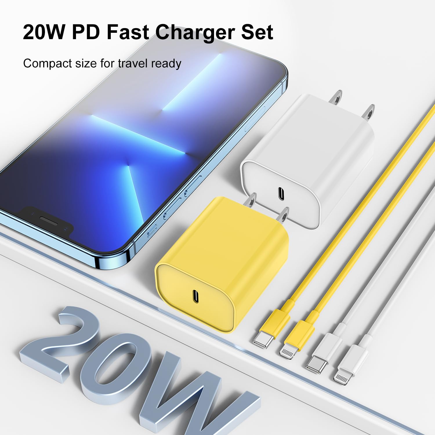 Fast Charging USB C to Lightning Cable [6FT+10FT] - 20W USB C Charger Block for iPhone 14/13/12 Pro Max - Durable Phone Charger Cord (White+Yellow) - Perfect for Home, Office & Travel Charging