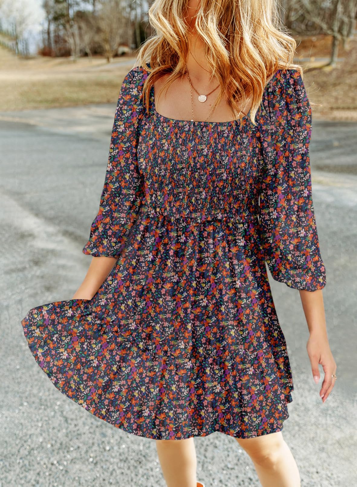 Dokotoo Women's 2025 Spring Floral Boho Dress - Square Neck, Smocked 3/4 Sleeve A-Line Mini Sundress for Casual Wear | Perfect for Beach Vacations, Summer Parties & Date Nights