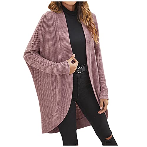 Women's Loose Open Front Long Sleeve Cardigan - Solid Color Waffle Knit Sweater Blouse - Casual Comfy Coat for Fall & Winter - Perfect for Office, Lounge & Outdoor Wear