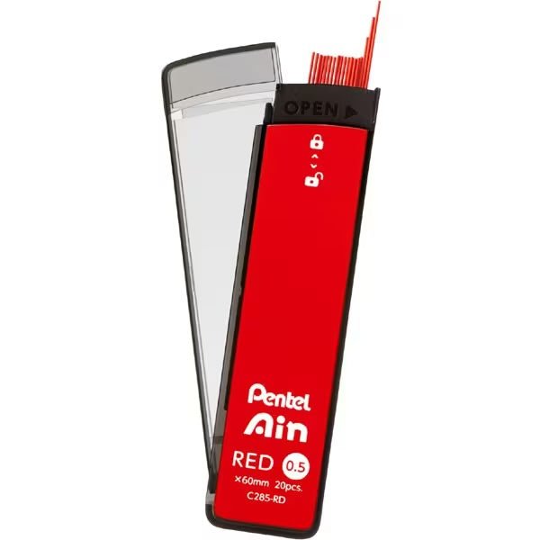 Pentel Ain Polysheath Red Pencil Lead - 0.5mm Mechanical Pencil Refills, 12 Pack - Vibrant Red Color for Writing, Sketching & Highlighting - Perfect for Office, School & Art Projects