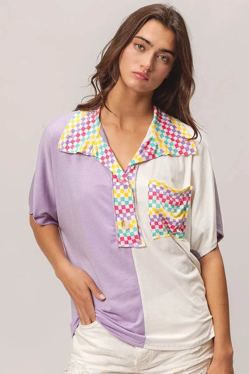 Stylish BiBi Color Block Knit Top with Multi Checker Contrast Design - Perfect for Casual Outings, Office Wear & Date Nights