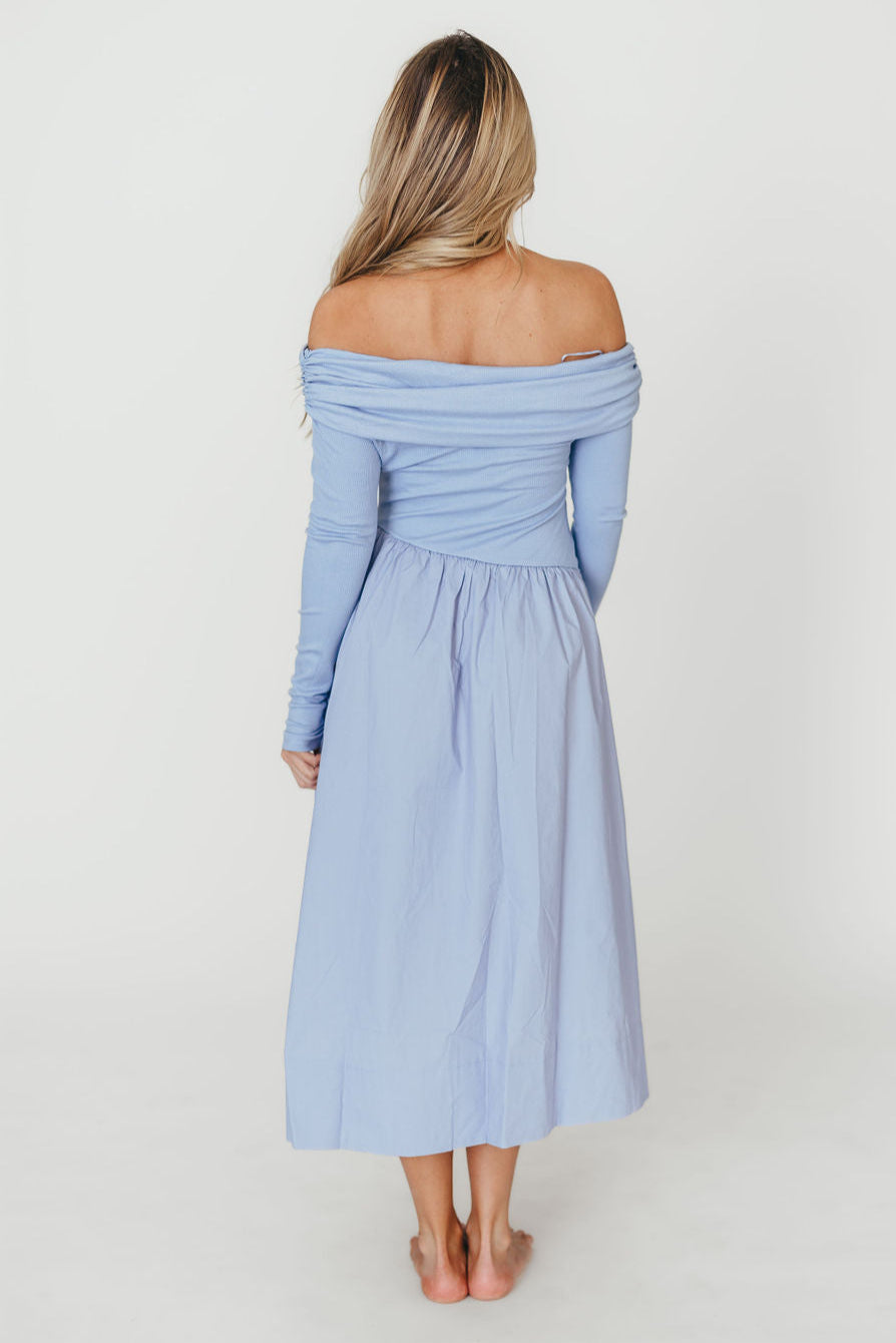 Elegant Blue Francis Long Sleeve Off Shoulder Midi Dress for Women | Flowy Party & Wedding Guest Dress | Perfect for Date Night, Cocktail Events & Fall Weddings