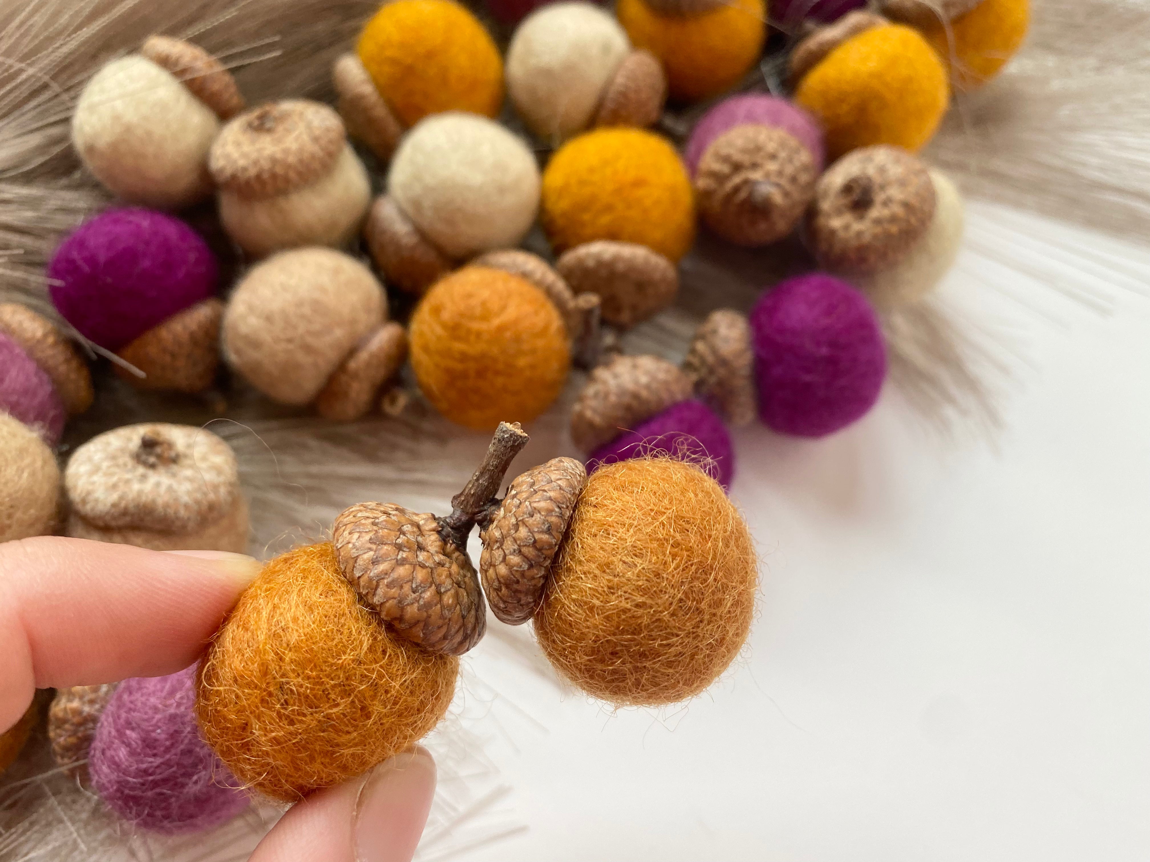 Vibrant Orange & Purple Wool Acorns - Handmade Fall Decor for Home, Crafts, and Seasonal Displays