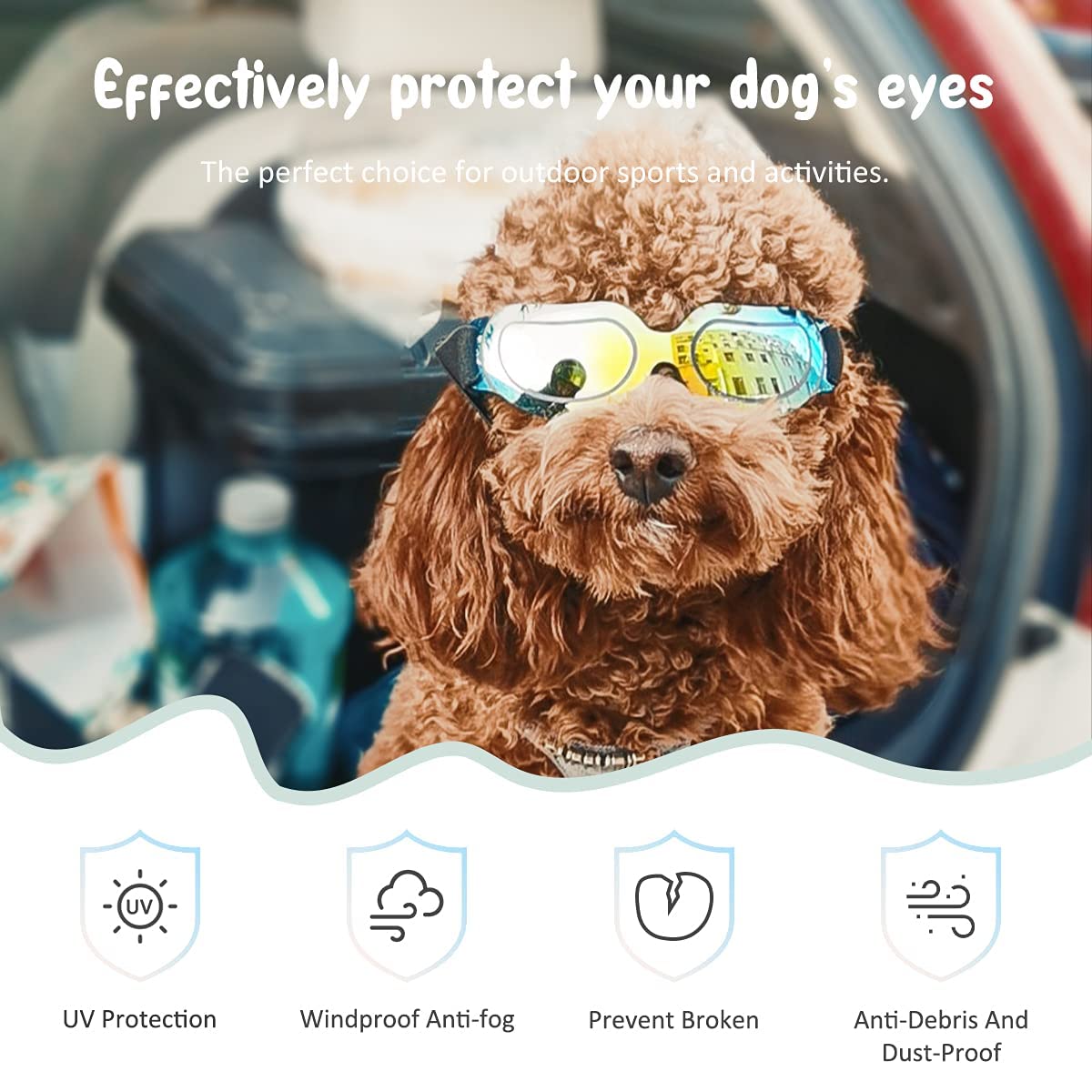 **PEDOMUS Dog Sunglasses for Small Dogs - UV Protection Adjustable Dog Goggles, Yellow Lens for Eye Safety - Perfect for Outdoor Adventures, Hiking & Beach Trips**