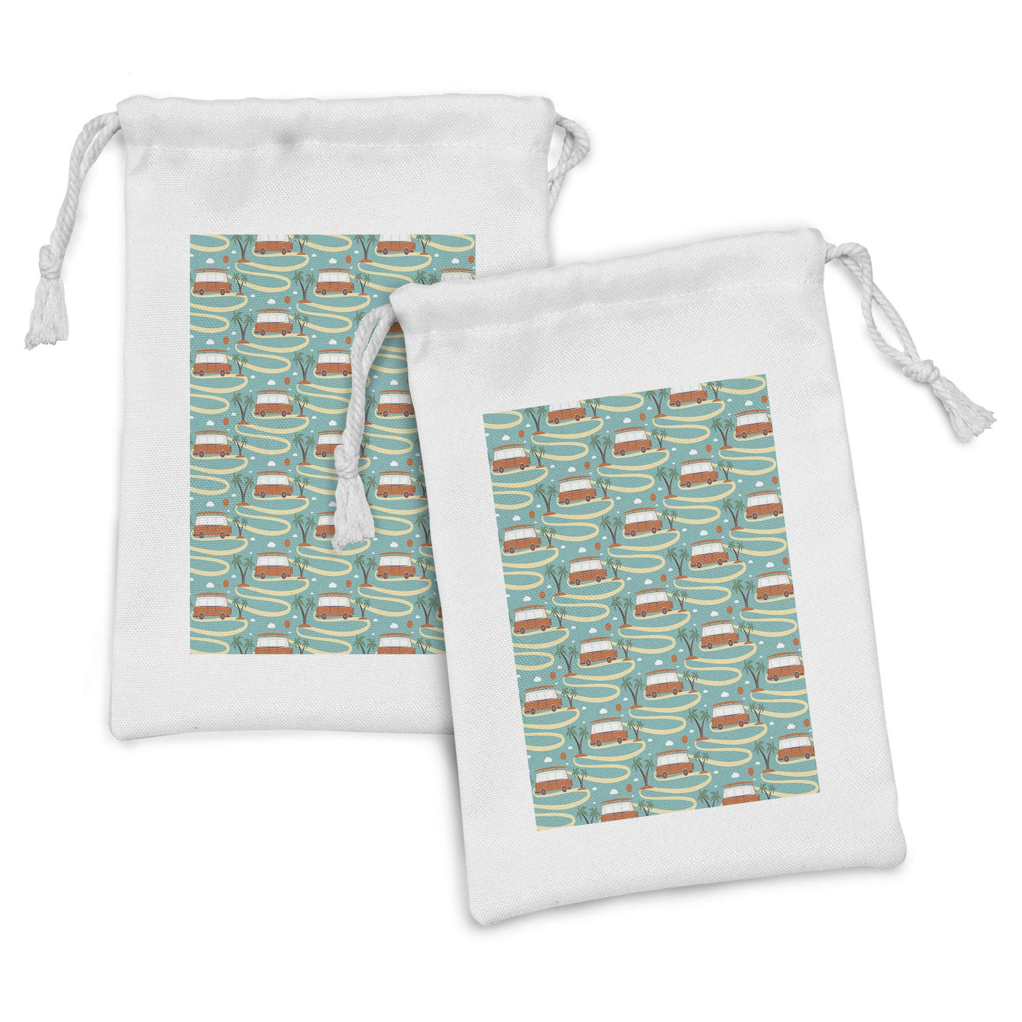 Ambesonne Happy Camper Fabric Pouch Set of 2 - Sun Palms & Van Road Trip Design | 9