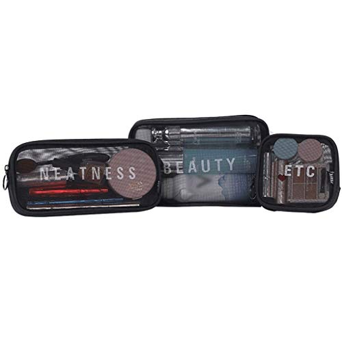 3-Piece Mesh Makeup Organizer Set - Black Cosmetic Bags with Zipper for Travel & Office | Waterproof Vanity Storage Pouches (Small/Medium/Large) | Perfect for Makeup Brushes, Toiletries & Travel Essentials Organization