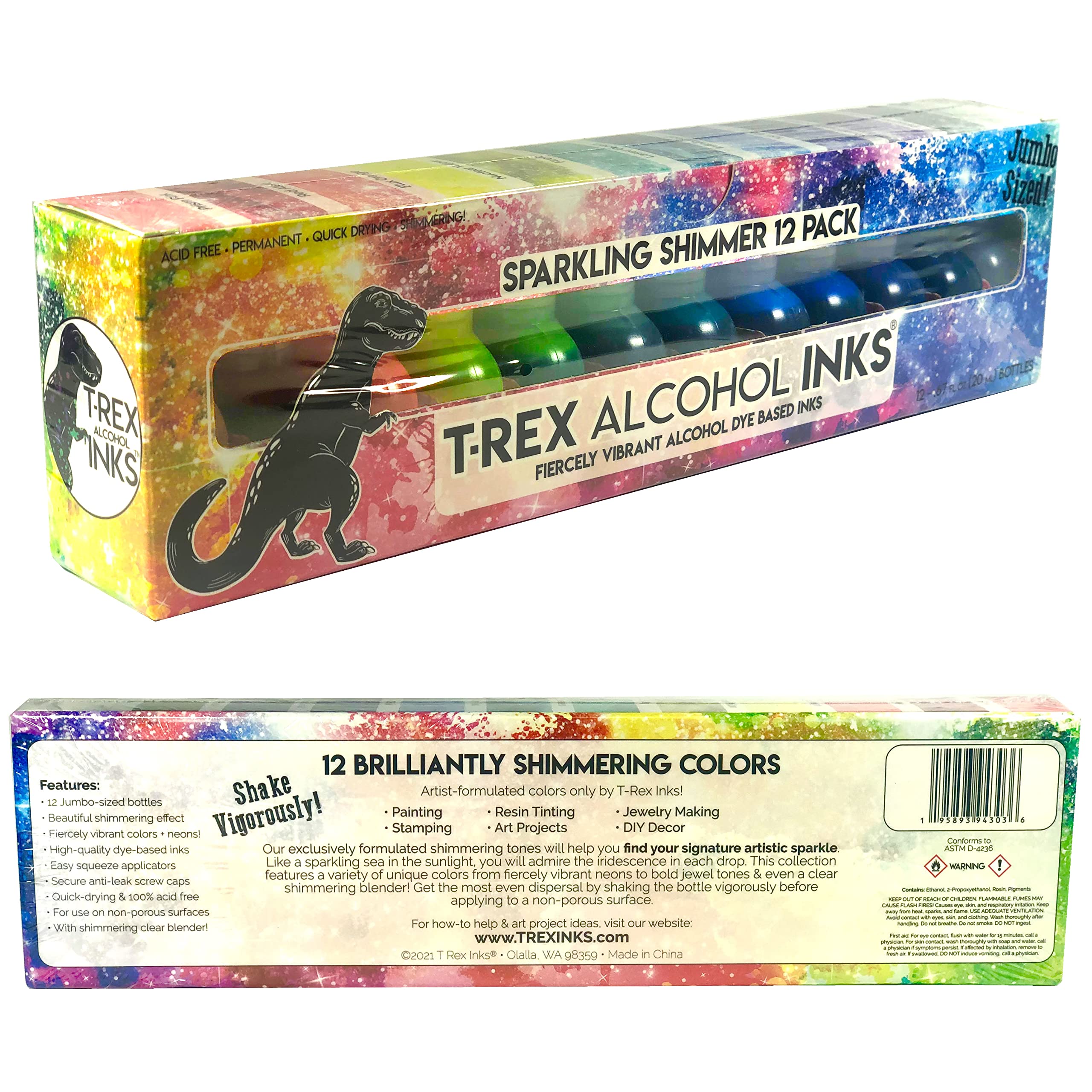 T-Rex Inks Starlight Shimmer Sparkling Alcohol Ink 12 Bottle Set (20ml Each) - Glitter Alcohol Ink for Epoxy Resin, Painting, Tumbler Cups, DIY Crafts - Includes Shimmering Clear Blender - Perfect for Art Projects, Home Decor & Gift Making