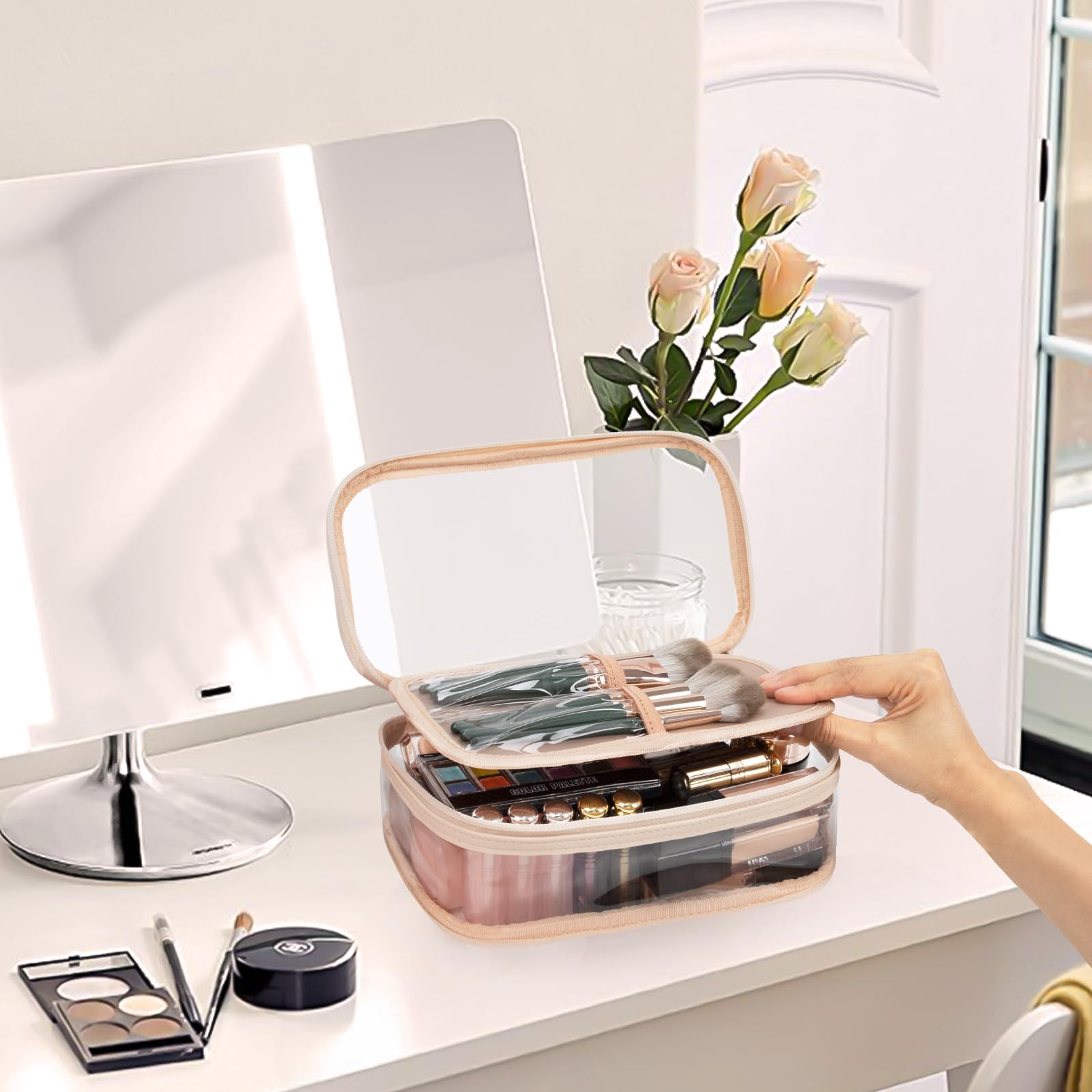 OCHEAL Clear Makeup Bag for Women - Waterproof Travel Cosmetic Organizer with Brush Compartment & Divider - Portable Cute Transparent Pouch for Makeup Storage | Perfect for Travel, Gym, Daily Use & Gift Giving