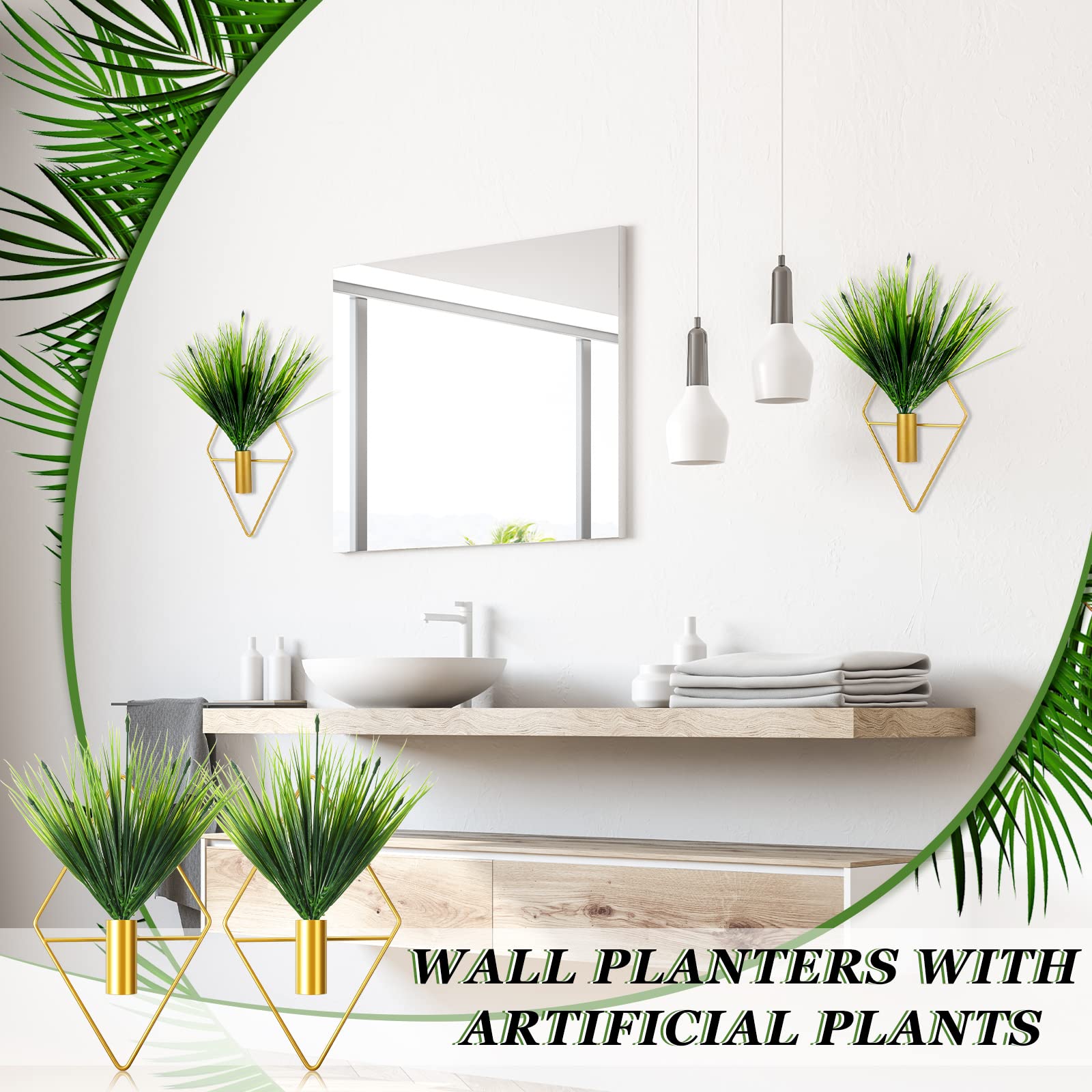 2 Pack Modern Geometric Metal Hanging Planters with Artificial Aquatic Plants - Indoor Wall Decor Vases for Home, Bedroom, Living Room & Office - Perfect for Small Space Decor and Boho Style Interior Design