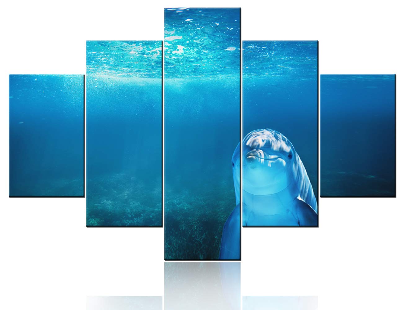 5 Panel Dolphin Wall Art - Underwater Seascape Canvas Painting with White Dolphins, Modern Framed Wall Decor Ready to Hang | Perfect for Living Room, Bedroom & Office Decor