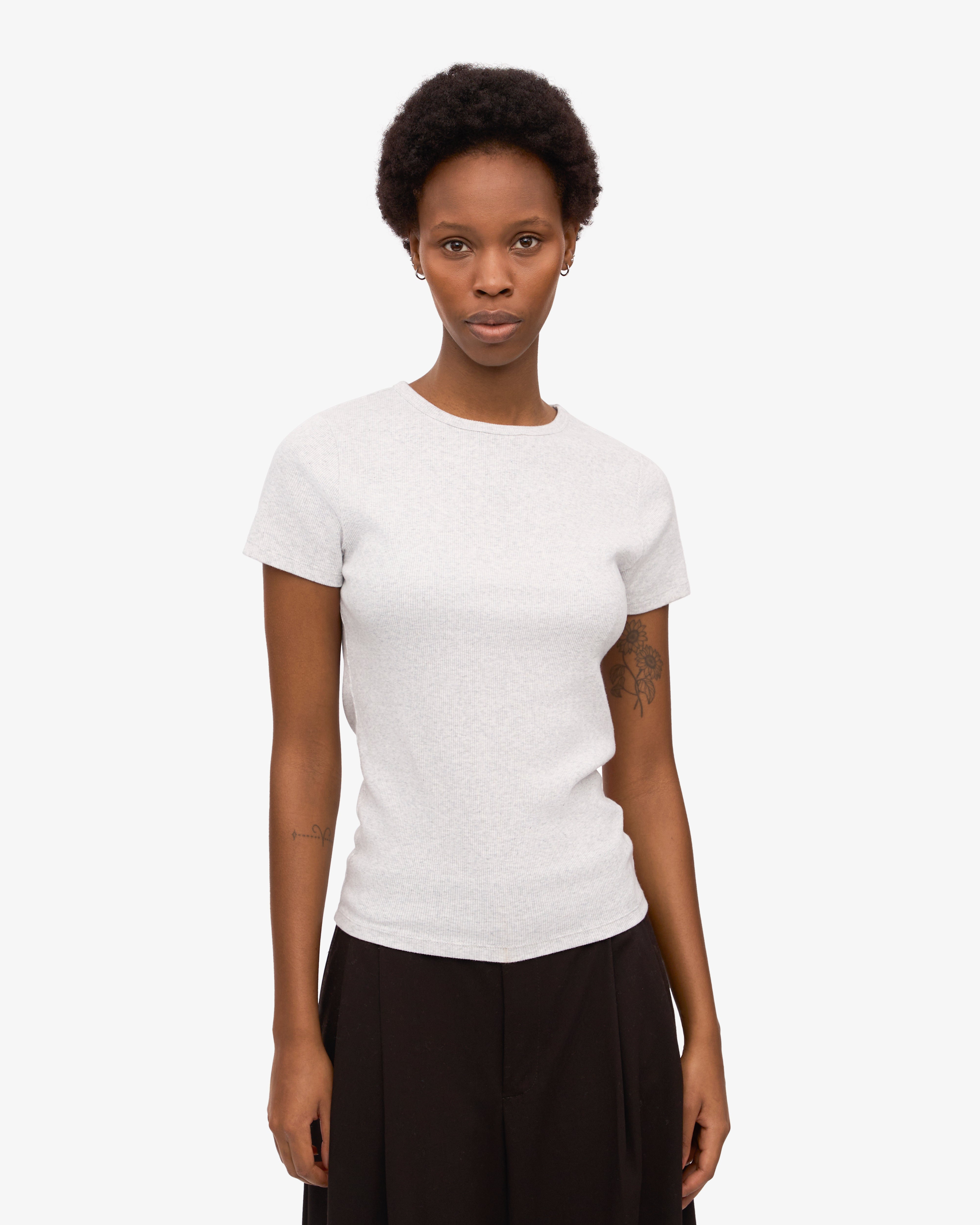 Organic Rib T-Shirt for Women - Soft Faded Pink Cotton Tee - Casual Comfort Wear for Everyday Outfits & Layering