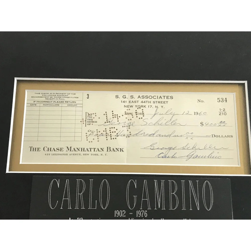 Authentic Carlo Gambino Signed Personal Check with JSA COA - Framed Mafia Crime Family Memorabilia - Perfect for Collectors, Mob History Enthusiasts & Unique Wall Decor