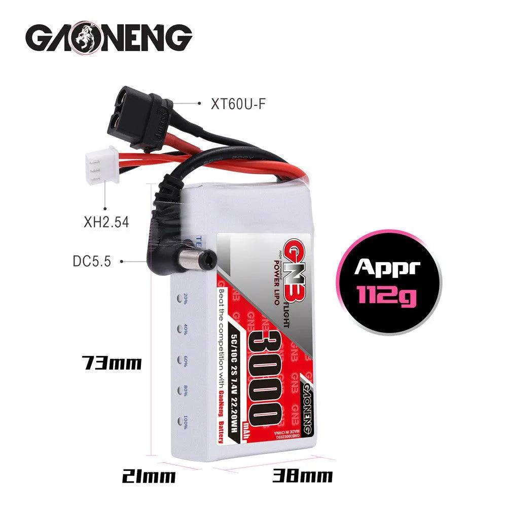 GAONENG 3000mAh 2S 7.4V LiPo Battery with XT60 Plug & DC 5.5*2.1mm Connector - Compatible with Fat Shark HD Goggles, FPV Drones, and RC Cars - Perfect for Extended Flight Time and High-Performance RC Applications