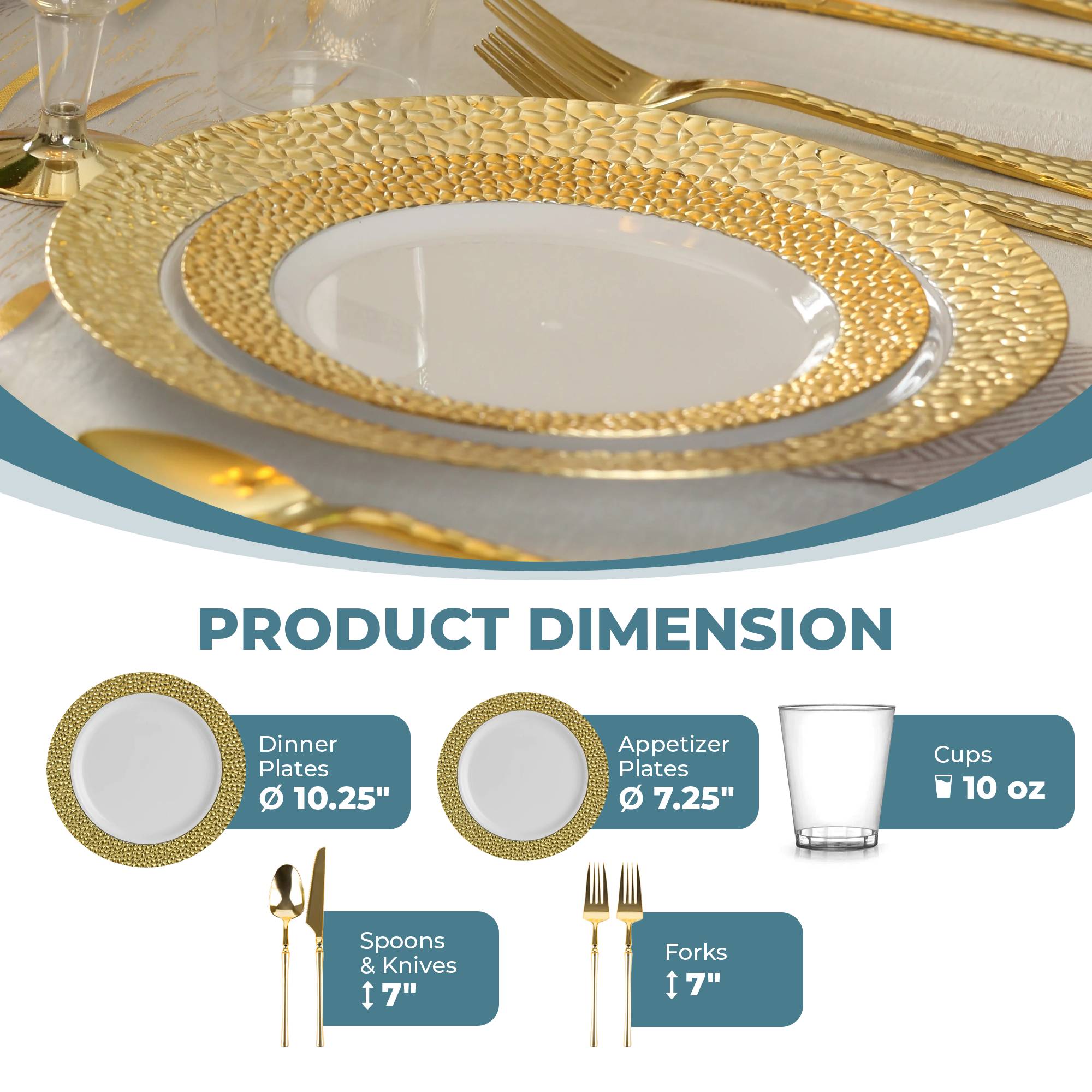 White and Gold Plastic Party Bundle - Hammered Design for Birthday, Wedding & Holiday Celebrations - Perfect for Decorations, Table Settings & Party Favors