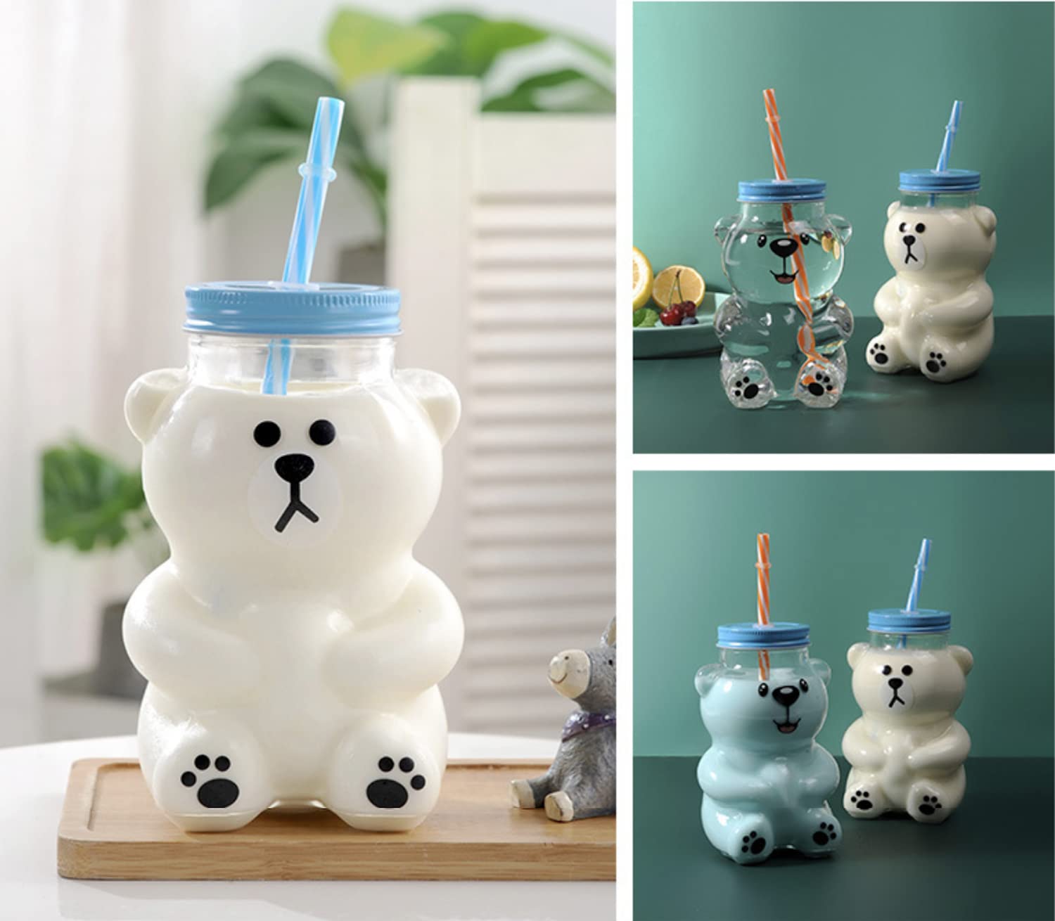 Kawaii Bear Sippy Cup 19oz - Clear Glass Cup with Lid & Straw - Cute Bear Bottle for Juice, Milk, Tea, Smoothies - BPA Free, Microwave Safe - Perfect for Kids, Home, Office & Travel (Smiling Bear Design)
