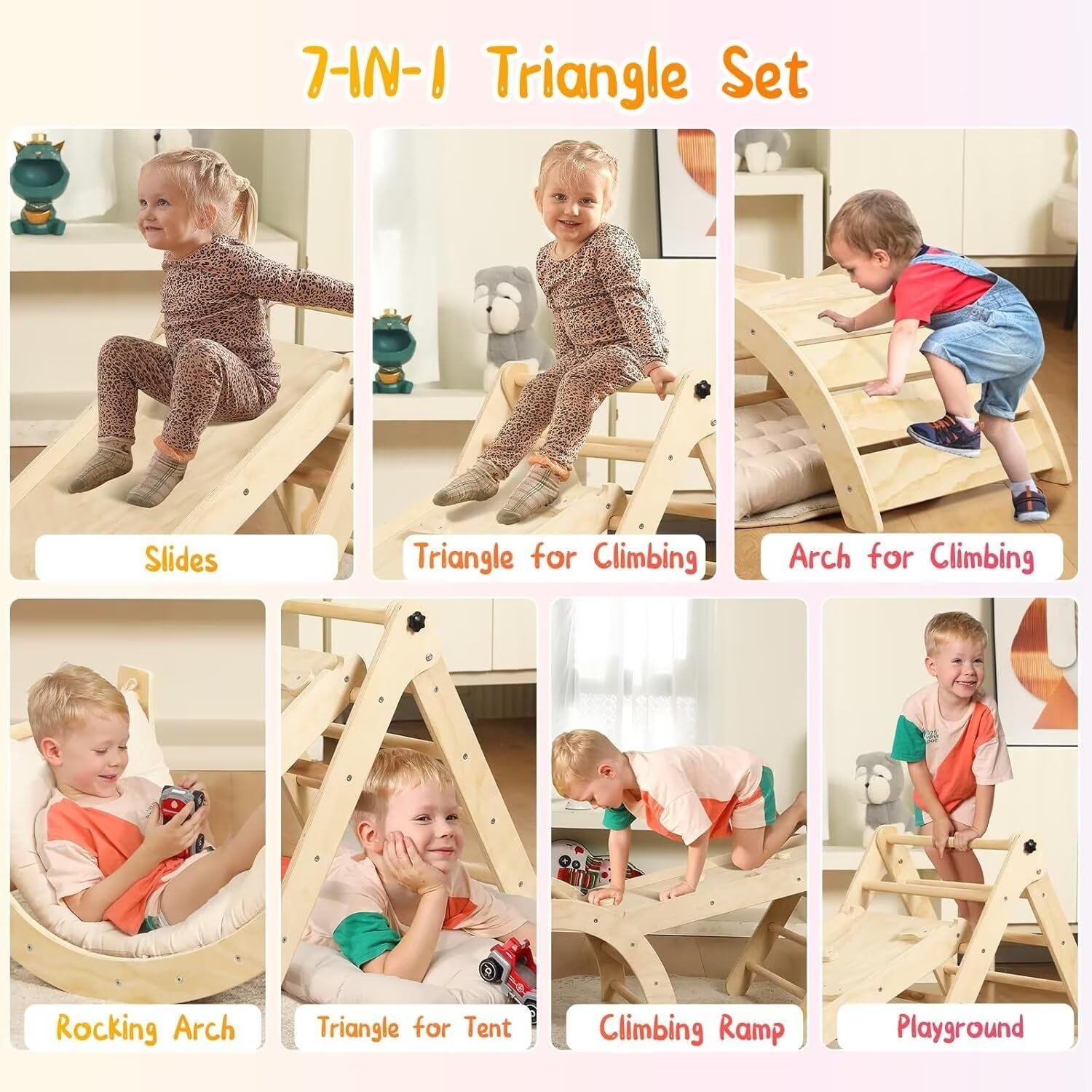**Pikler Triangle Set with Cushion - 7-in-1 Foldable Montessori Climbing Toy for Toddlers 1-3 Years | Indoor Wooden Climbing Gym with Ramp, Arch & Ladder (Natural Wood) | Perfect for Playrooms, Daycares & Home Learning Spaces**