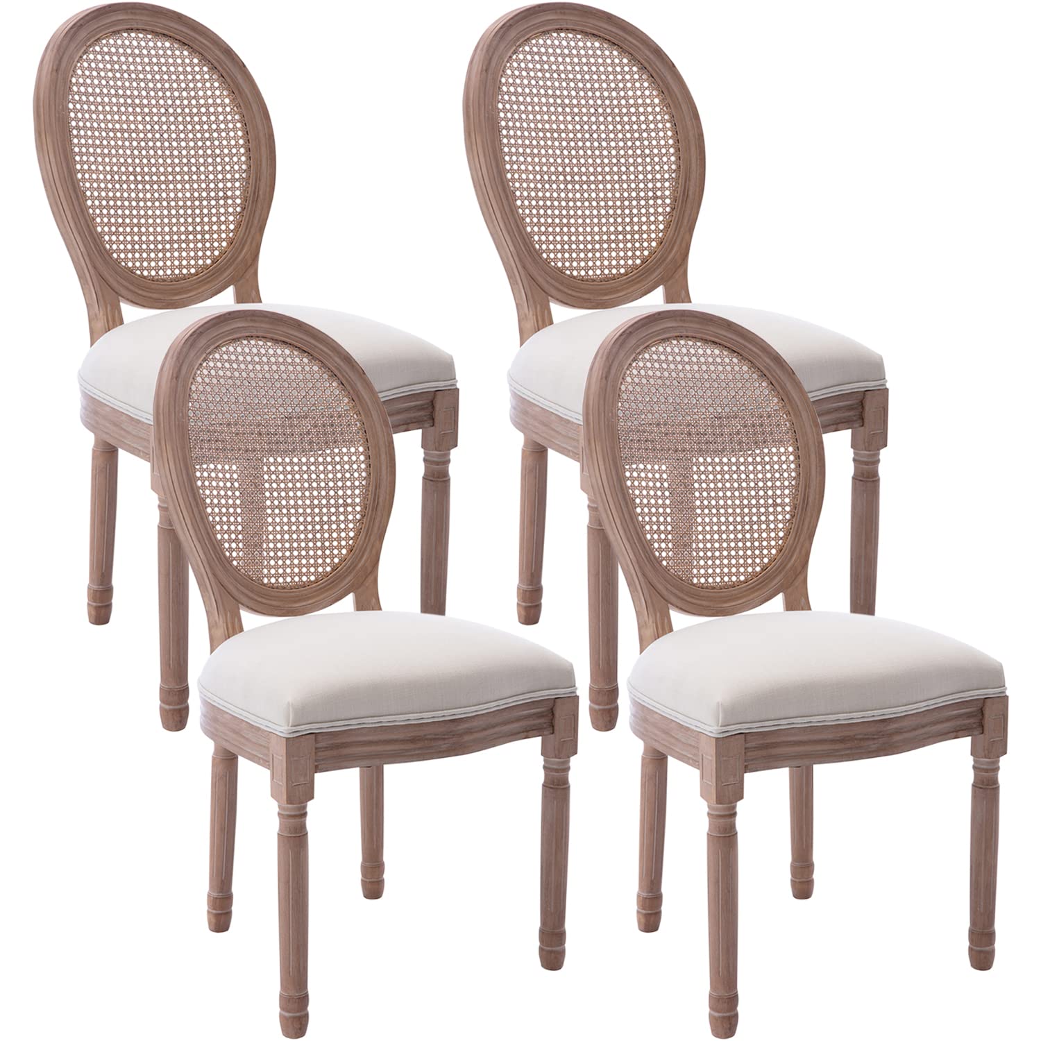 Virabit French Dining Chairs Set of 4 - Rattan Farmhouse Upholstered Chairs with Curved Backrest & Carved Solid Wood Frame - Elegant Seating for Living Room, Kitchen, Restaurant, Cafe, and Outdoor Dining Areas
