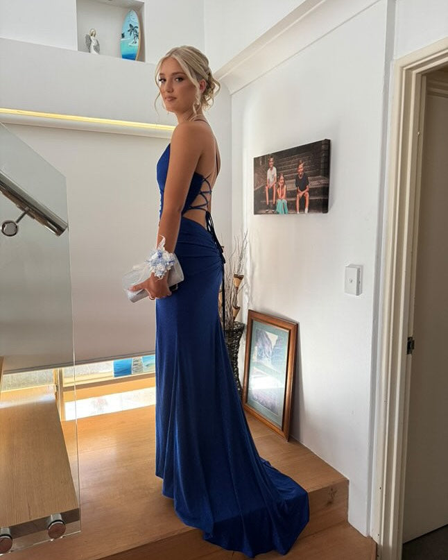 Elegant Backless Mermaid Blue Prom Dress with Ruffle Slit - Formal Evening Party Gown J6285 | Perfect for Homecoming, Prom Night, Wedding Guest & Special Occasions