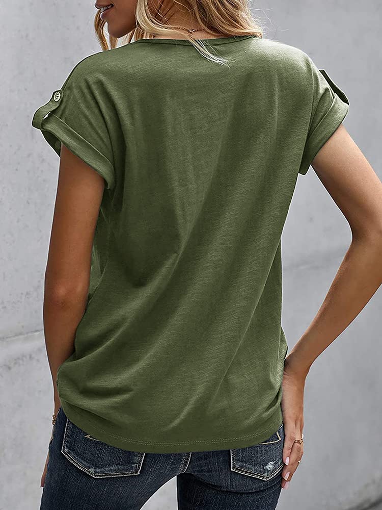 Women's V-Neck Short Sleeve Henley T-Shirts - Summer Button Up Casual Blouse with Rolled Sleeves | Loose Fit Solid Color Tops for Everyday Wear, Beach Outings & Weekend Errands